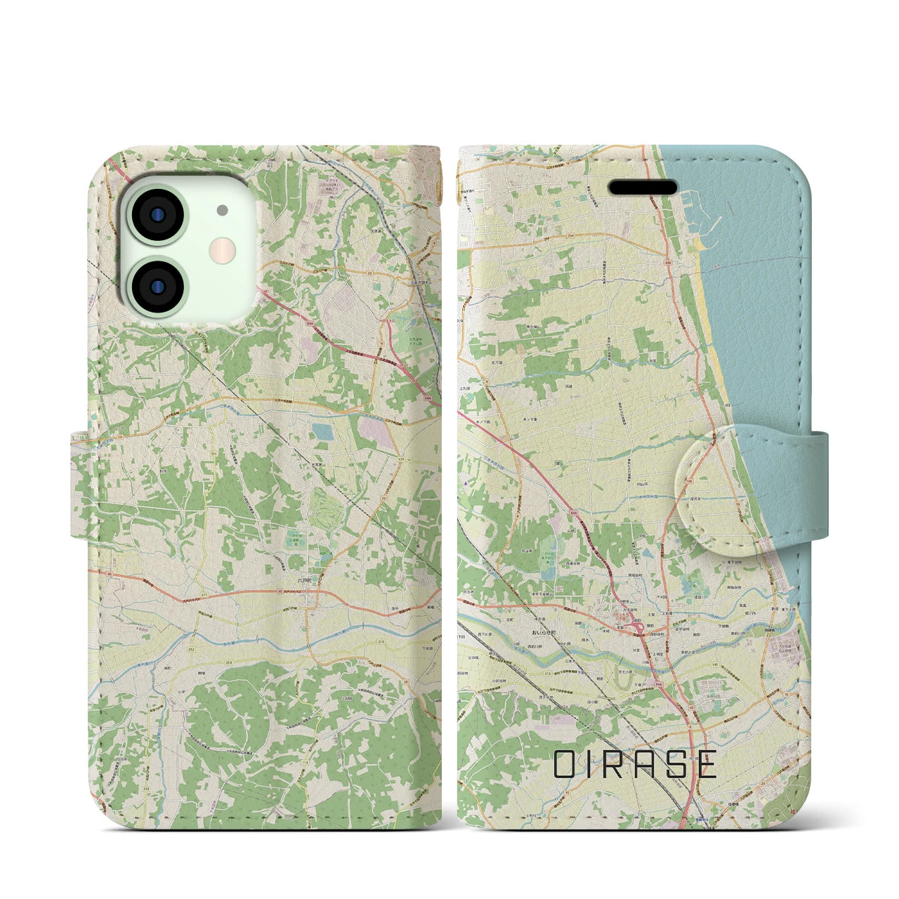 【おいらせ(青森県)】地図柄iPhoneケース(手帳タイプ)ナチュラル・iPhone 12 mini 用