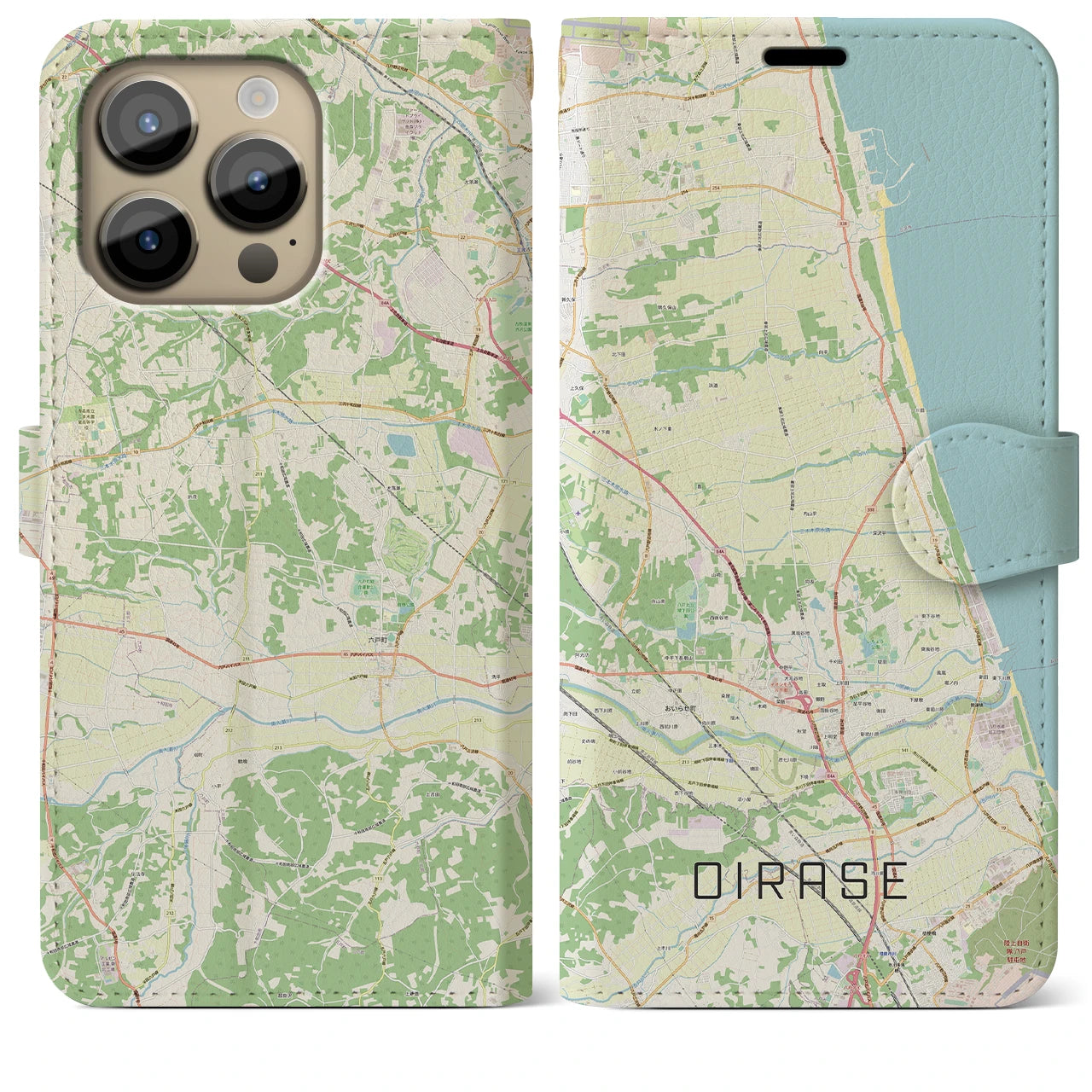 【おいらせ(青森県)】地図柄iPhoneケース(手帳タイプ)ナチュラル・iPhone 14 Pro Max 用