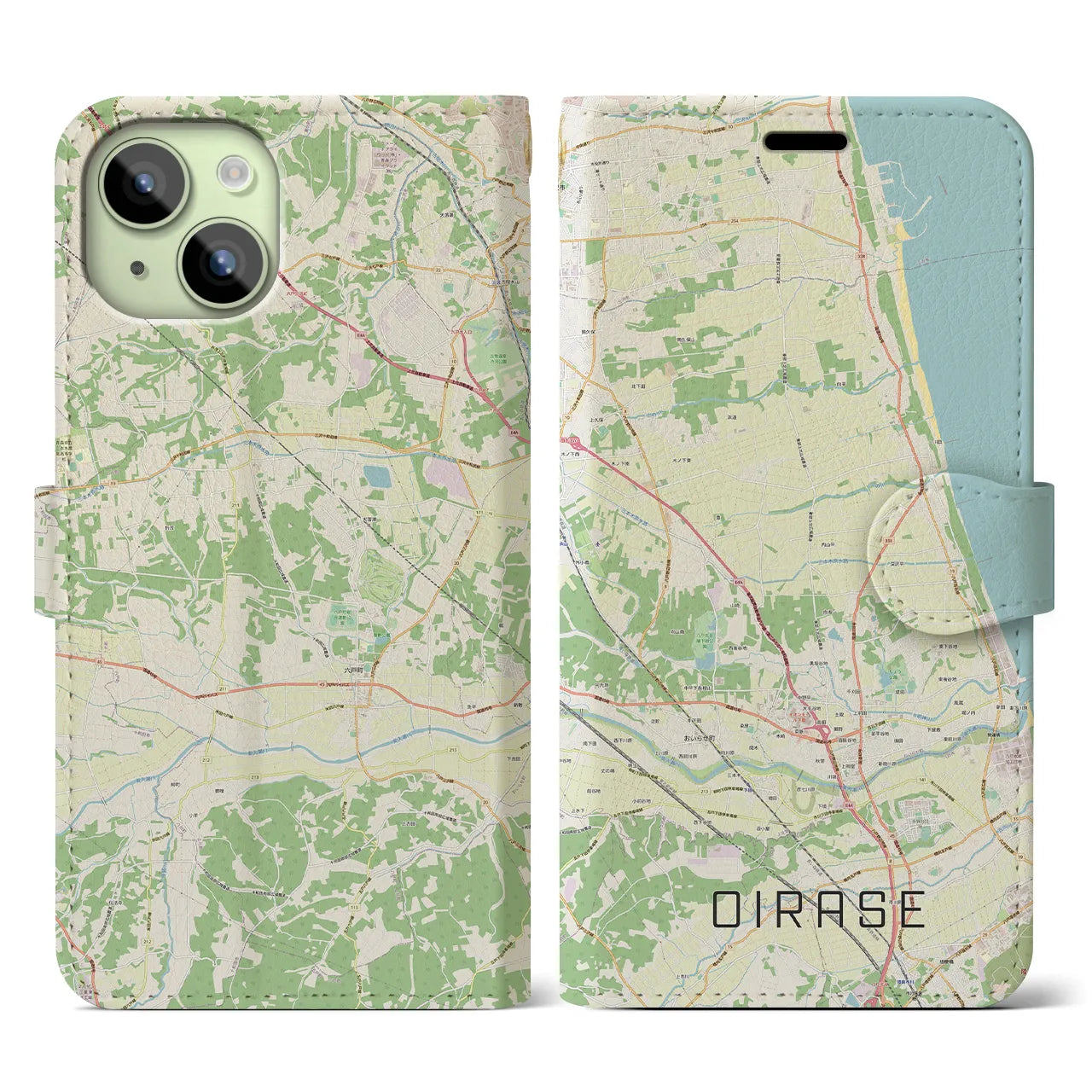 【おいらせ(青森県)】地図柄iPhoneケース(手帳タイプ)ナチュラル・iPhone 15 用