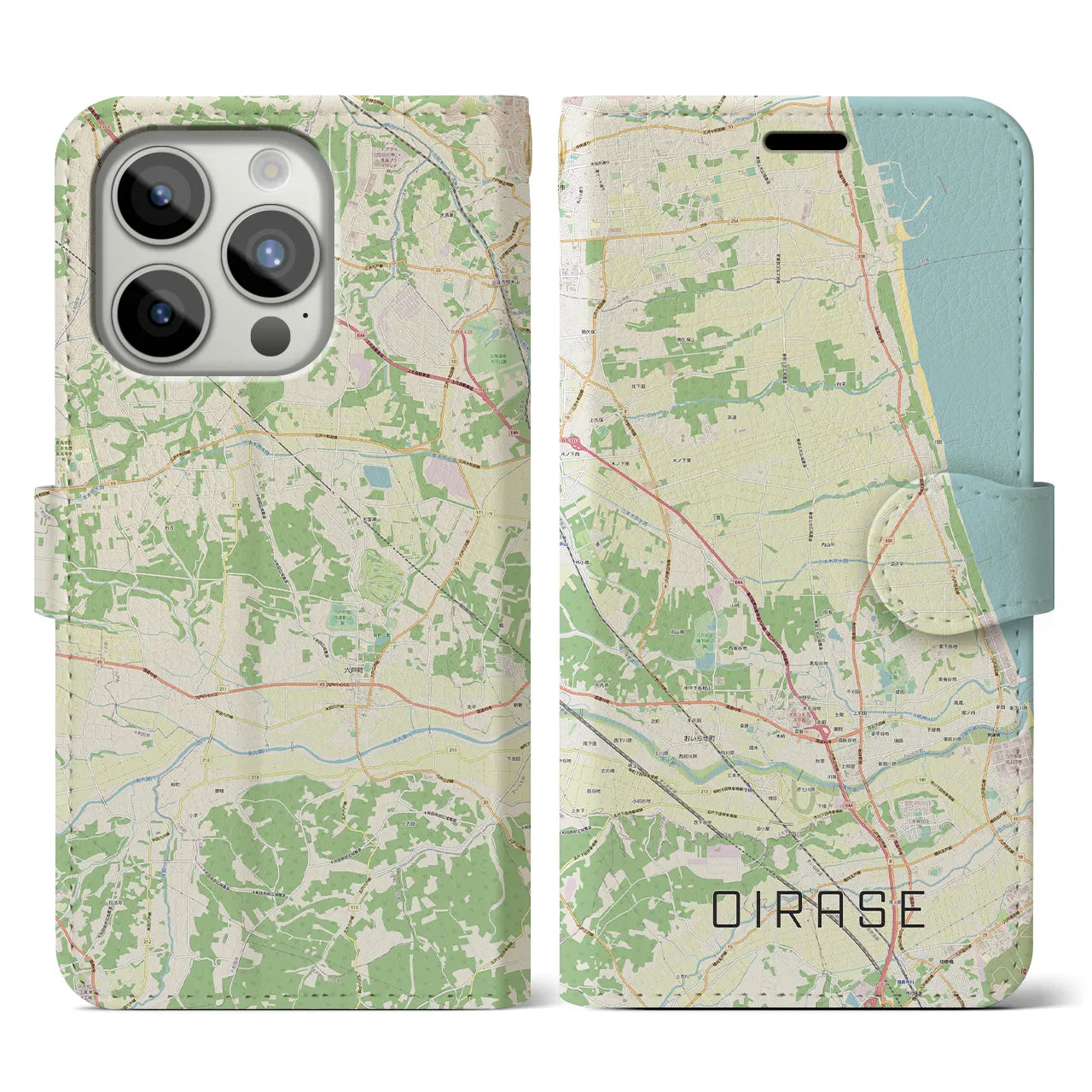 【おいらせ(青森県)】地図柄iPhoneケース(手帳タイプ)ナチュラル・iPhone 15 Pro 用