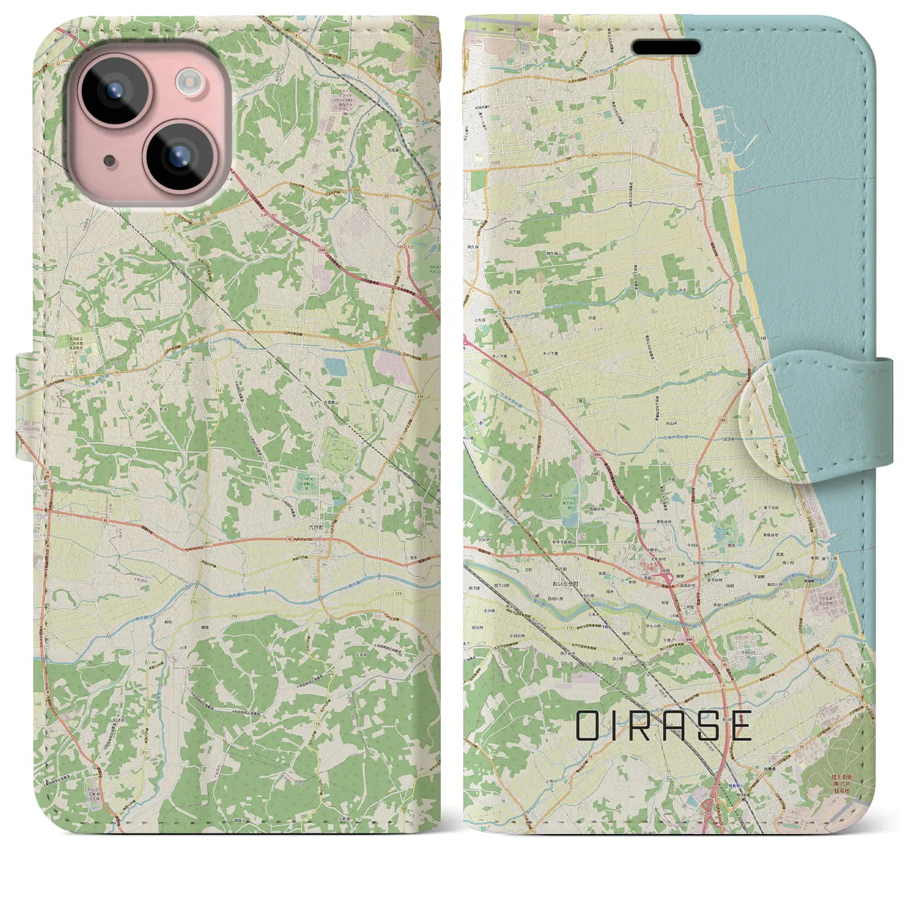 【おいらせ(青森県)】地図柄iPhoneケース(手帳タイプ)ナチュラル・iPhone 15 Plus 用