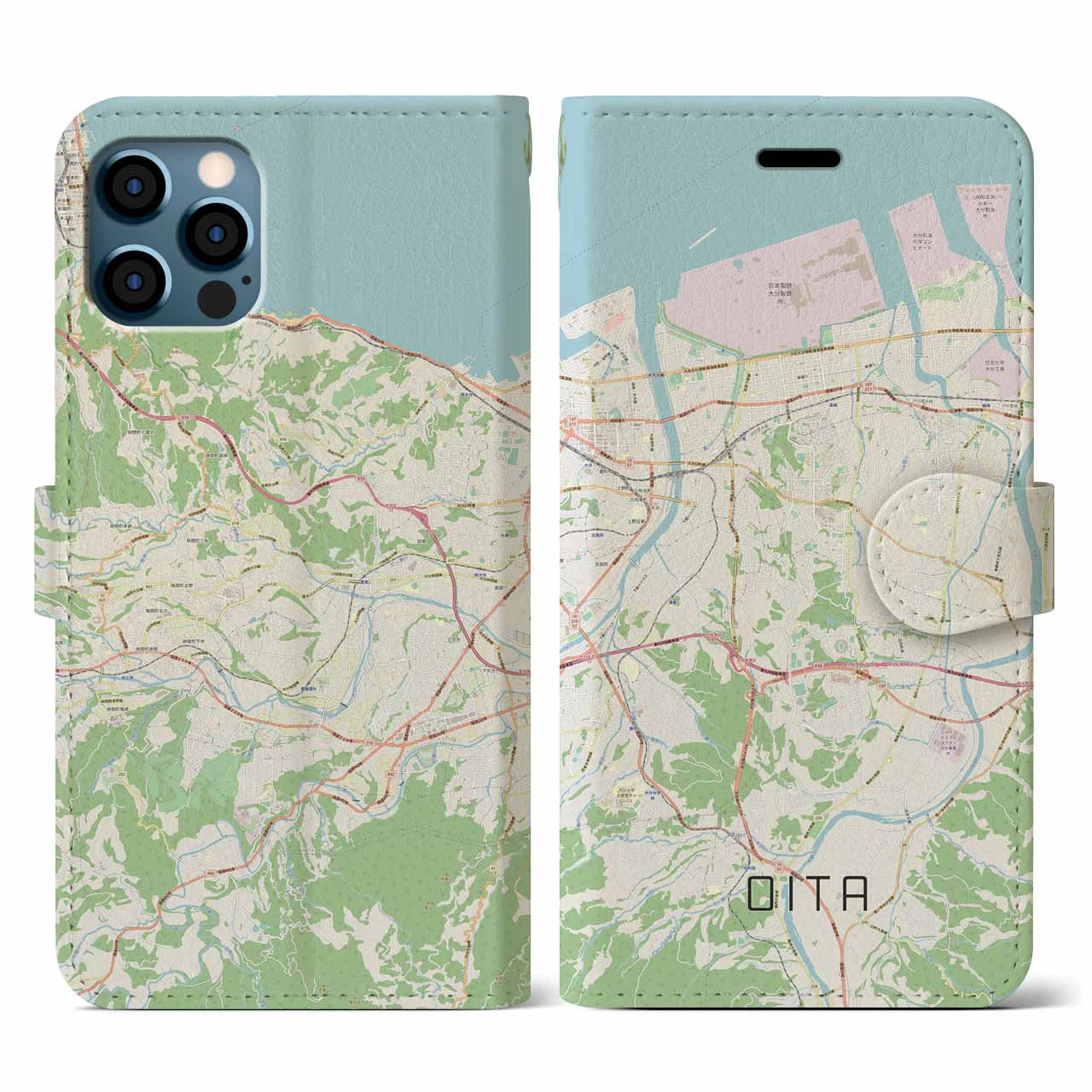 【大分(大分県)】地図柄iPhoneケース(手帳タイプ)ナチュラル・iPhone 12 / 12 Pro 用