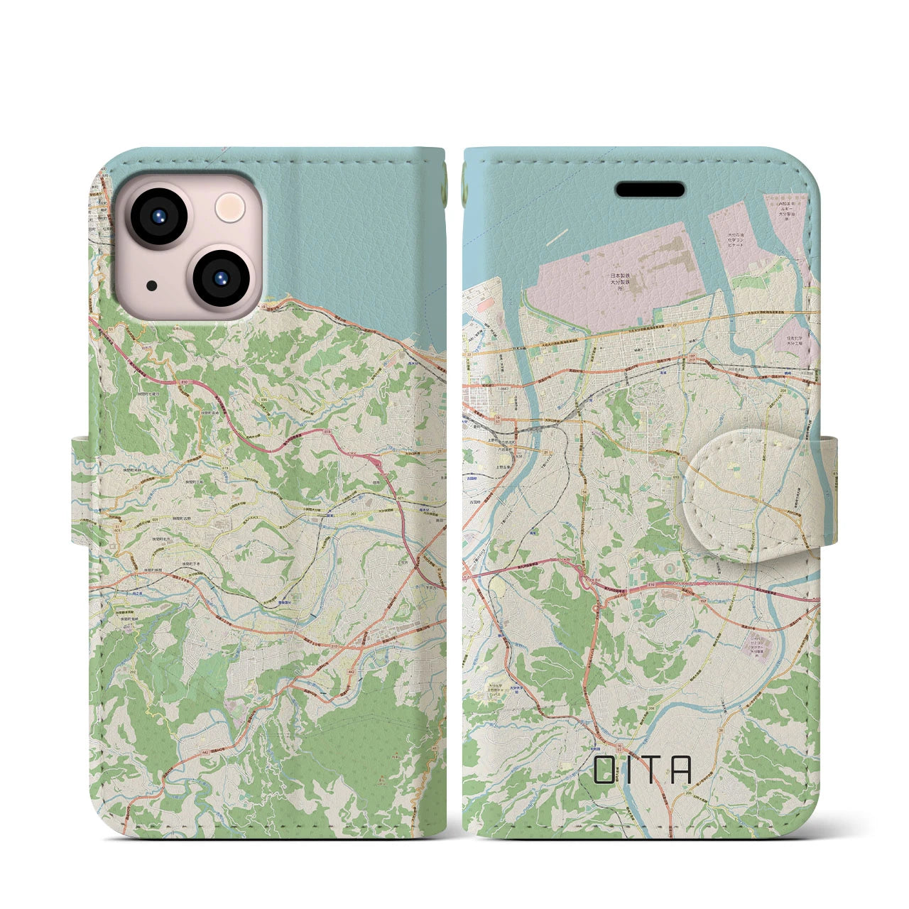【大分(大分県)】地図柄iPhoneケース(手帳タイプ)ナチュラル・iPhone 13 mini 用