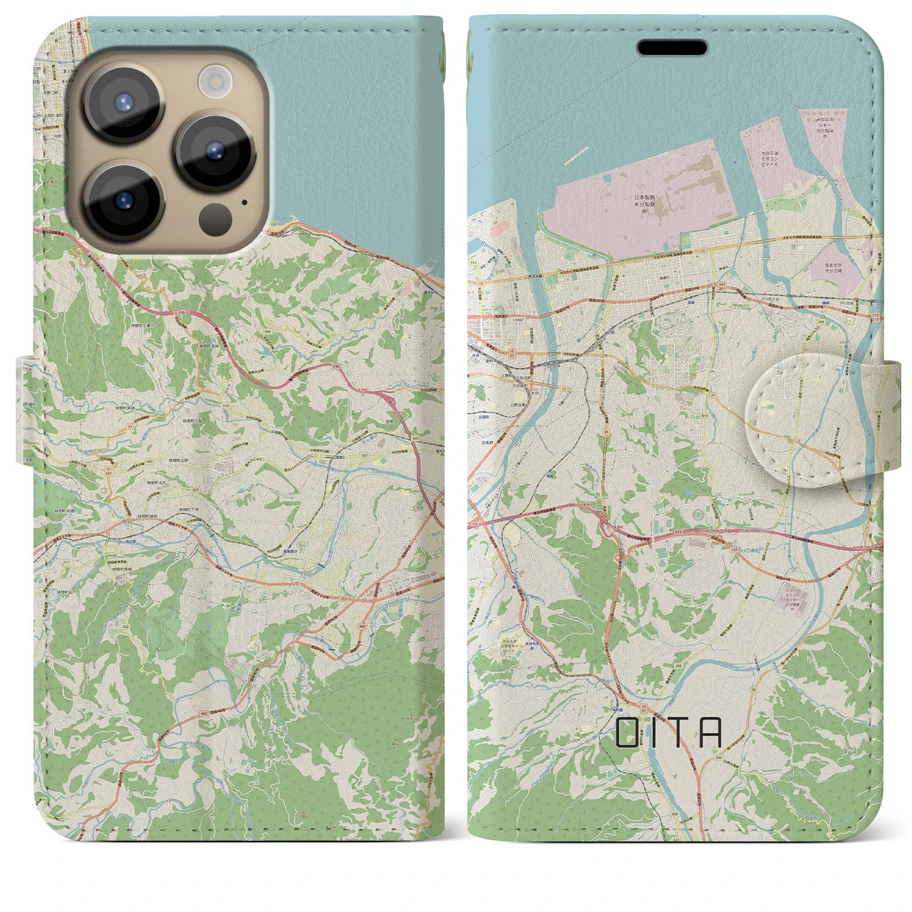 【大分(大分県)】地図柄iPhoneケース(手帳タイプ)ナチュラル・iPhone 14 Pro Max 用