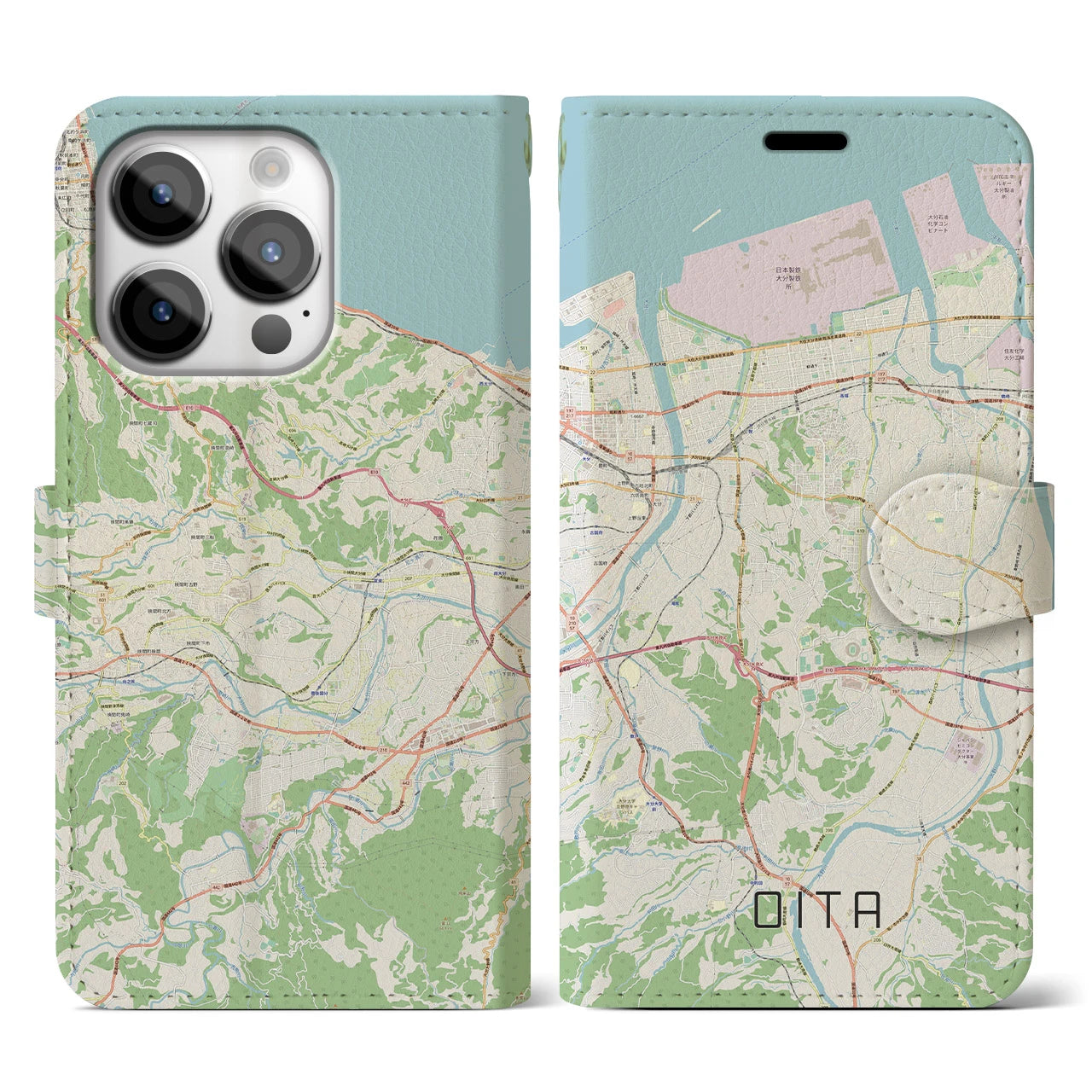 【大分(大分県)】地図柄iPhoneケース(手帳タイプ)ナチュラル・iPhone 14 Pro 用
