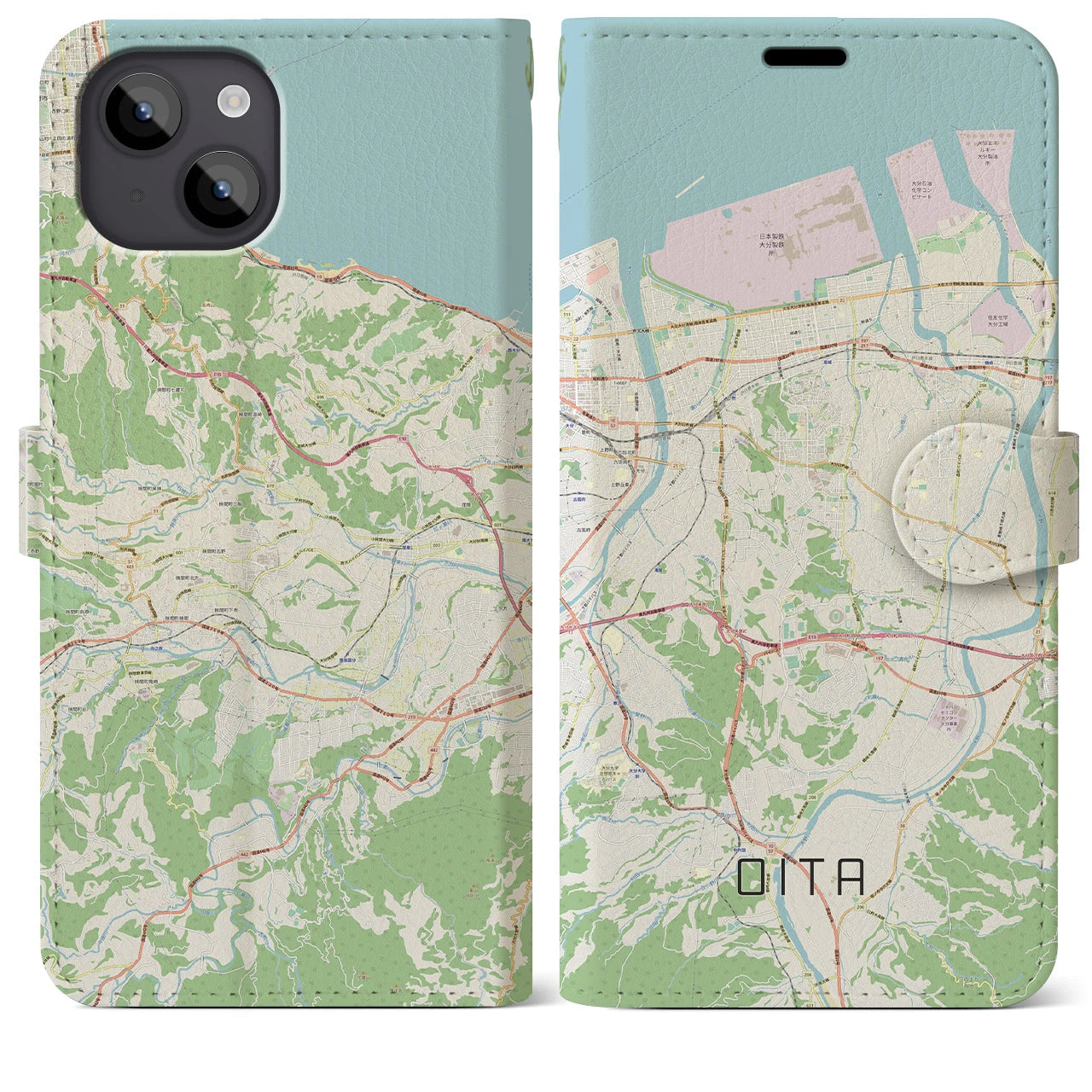 【大分(大分県)】地図柄iPhoneケース(手帳タイプ)ナチュラル・iPhone 14 Plus 用
