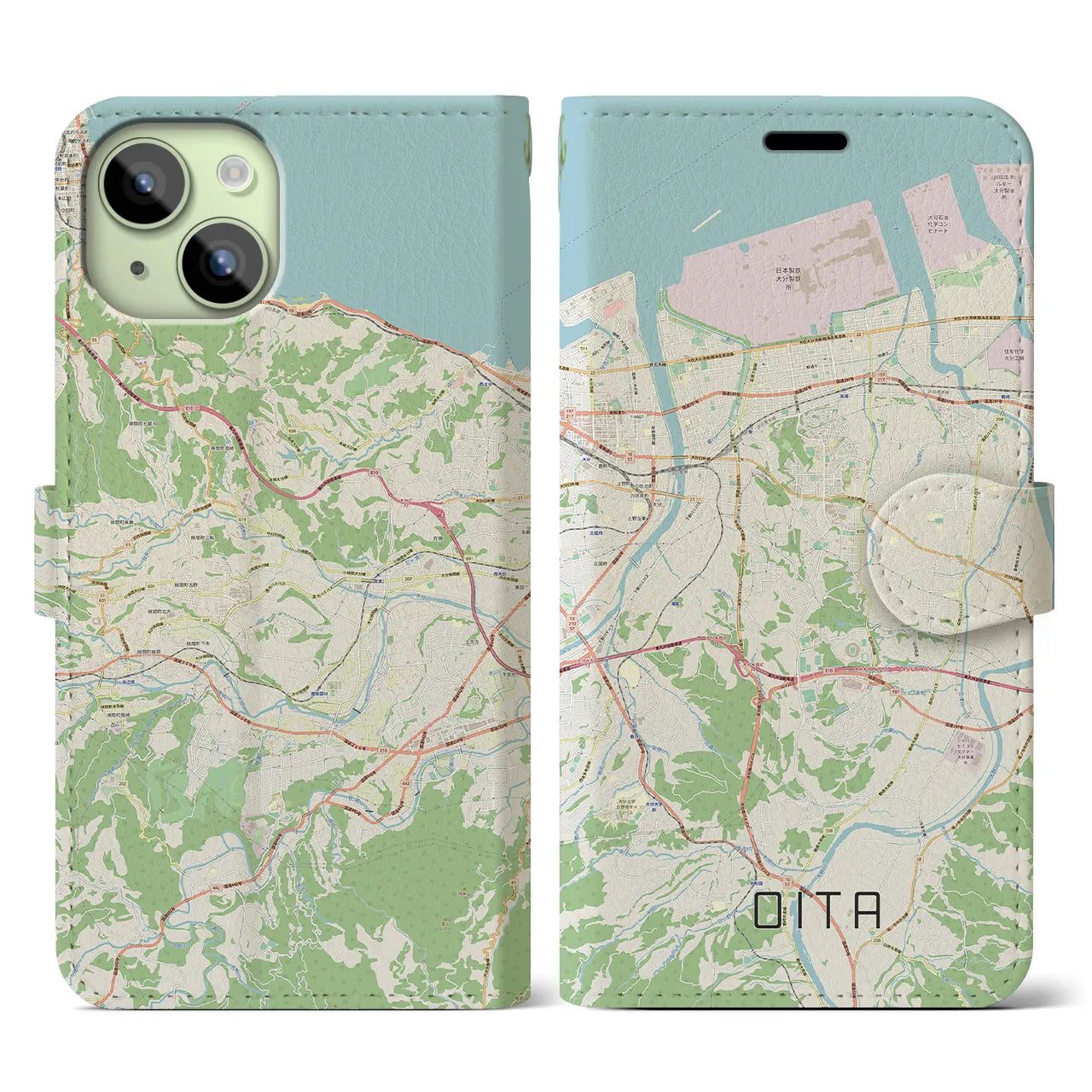 【大分(大分県)】地図柄iPhoneケース(手帳タイプ)ナチュラル・iPhone 15 用