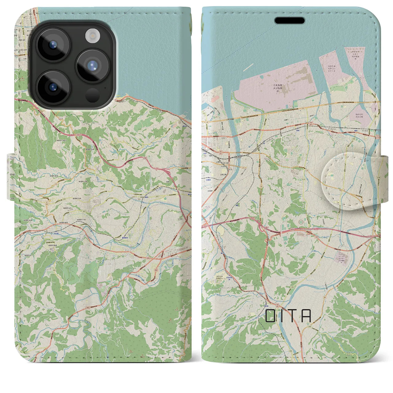 【大分(大分県)】地図柄iPhoneケース(手帳タイプ)ナチュラル・iPhone 15 Pro Max 用