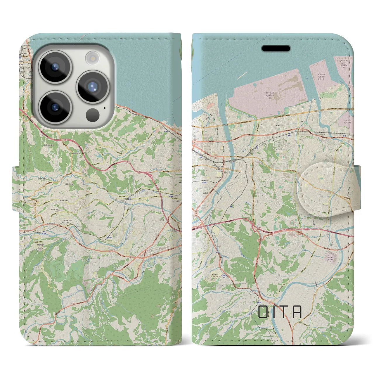 【大分(大分県)】地図柄iPhoneケース(手帳タイプ)ナチュラル・iPhone 15 Pro 用