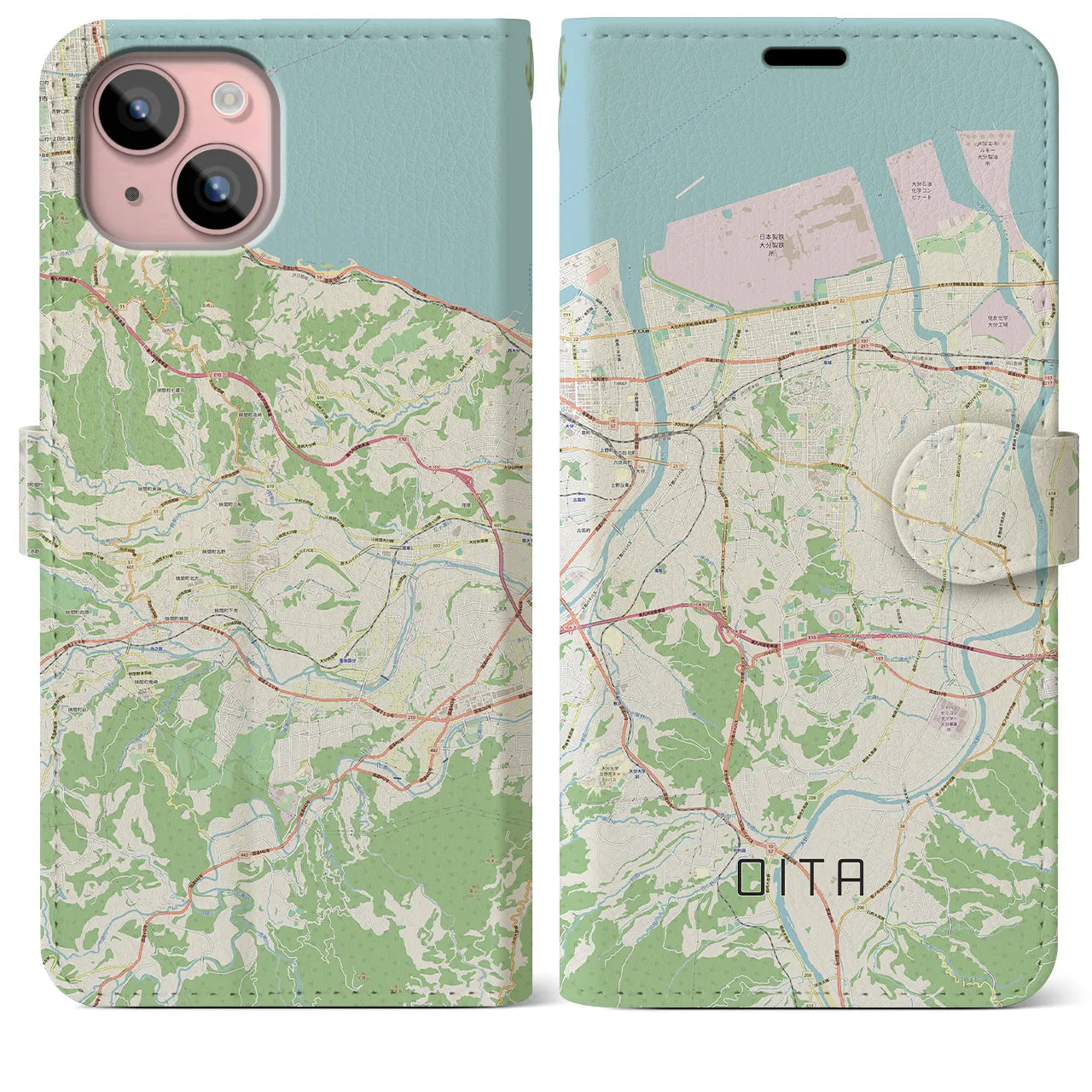 【大分(大分県)】地図柄iPhoneケース(手帳タイプ)ナチュラル・iPhone 15 Plus 用