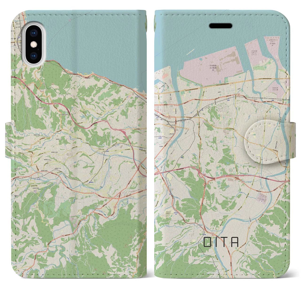 【大分(大分県)】地図柄iPhoneケース(手帳タイプ)ナチュラル・iPhone XS Max 用