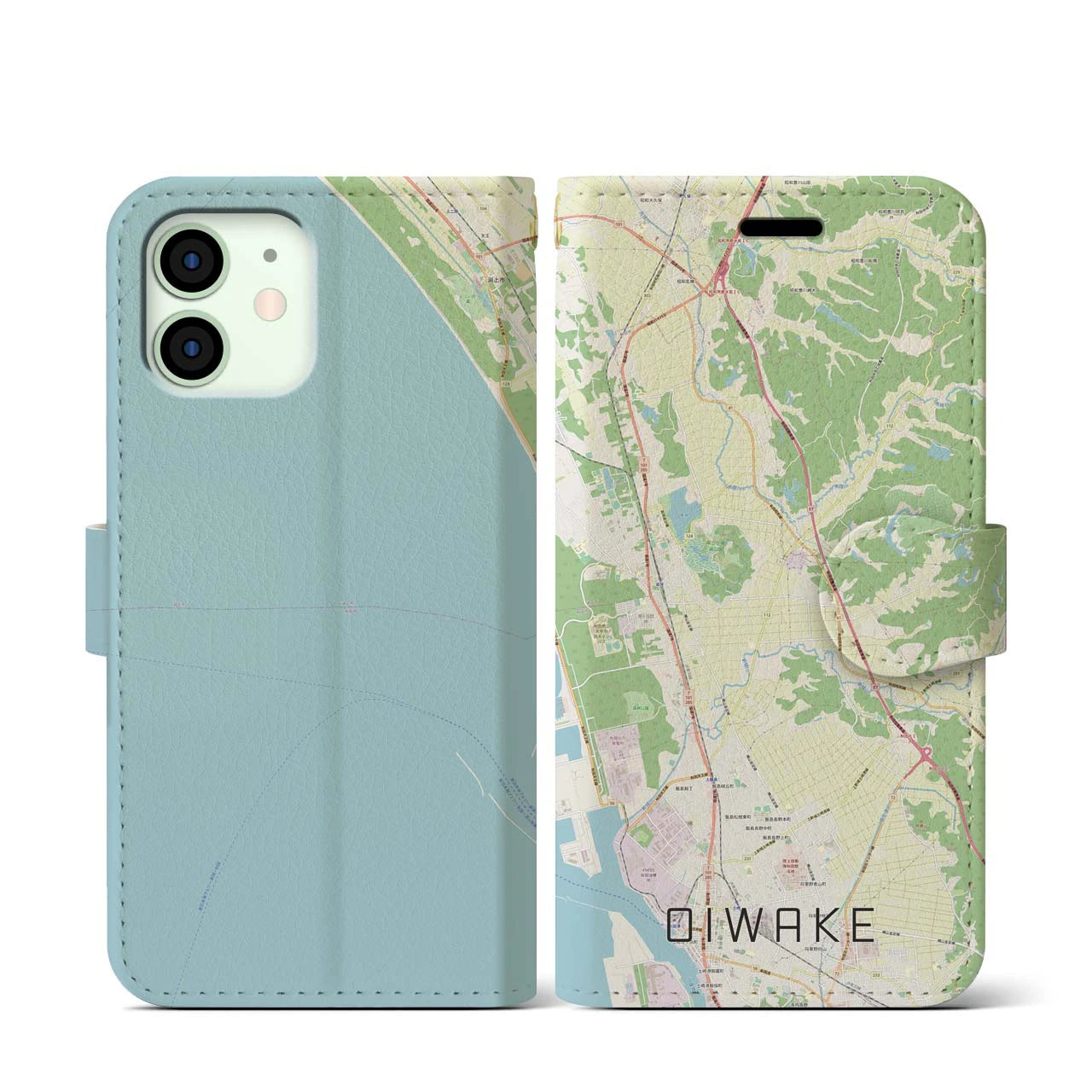 【追分(秋田県)】地図柄iPhoneケース(手帳タイプ)ナチュラル・iPhone 12 mini 用
