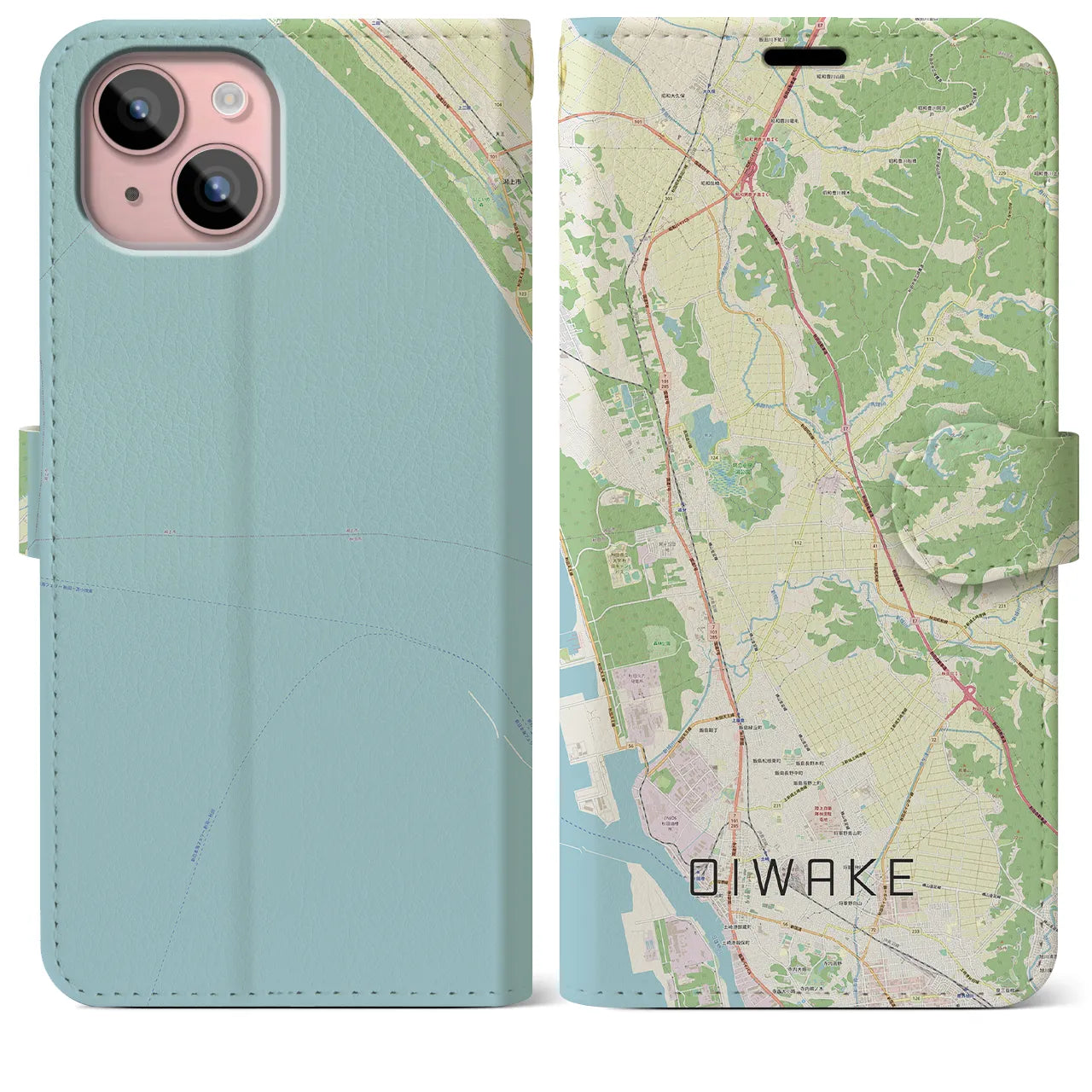 【追分(秋田県)】地図柄iPhoneケース(手帳タイプ)ナチュラル・iPhone 15 Plus 用