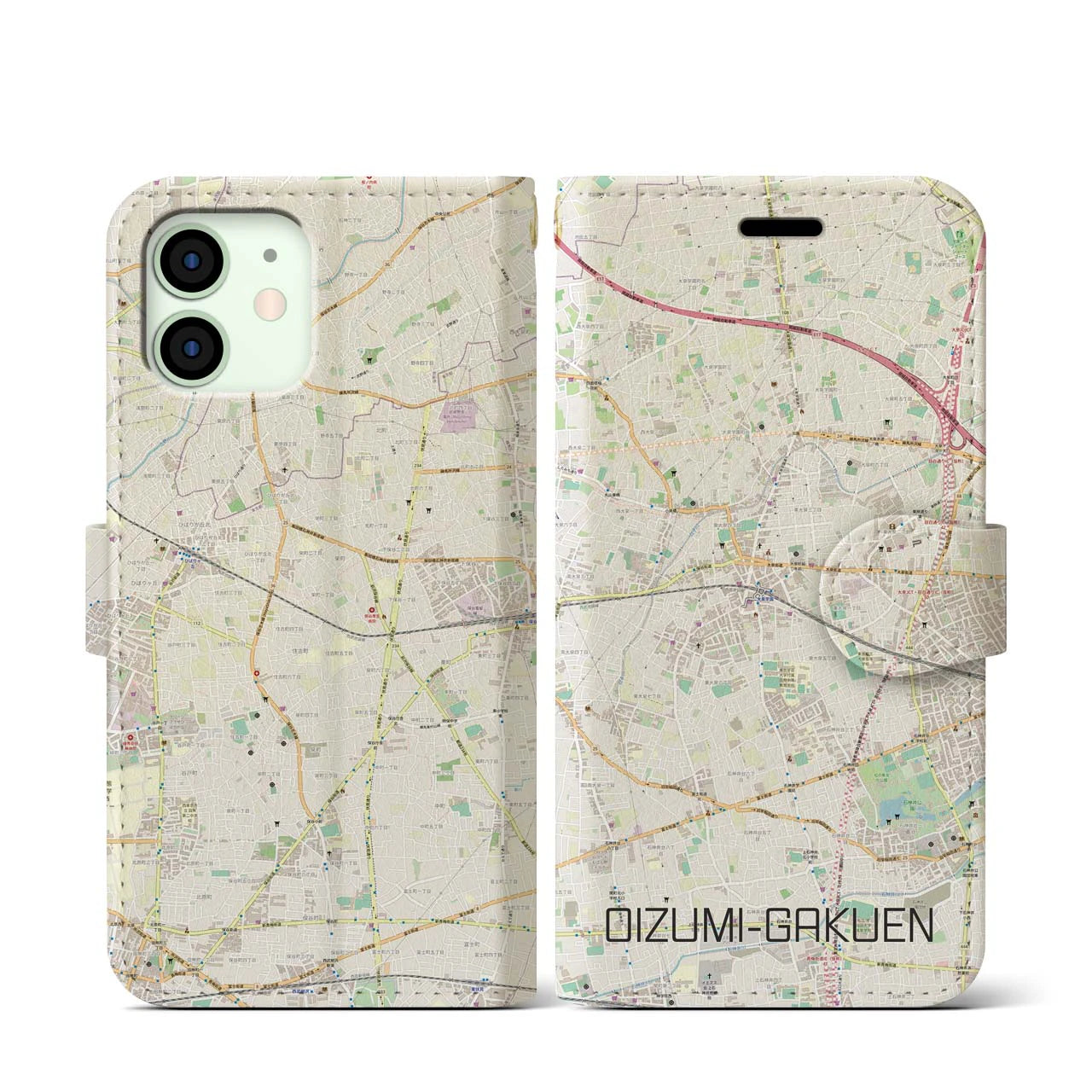 【大泉学園(東京都)】地図柄iPhoneケース(手帳タイプ)ナチュラル・iPhone 12 mini 用