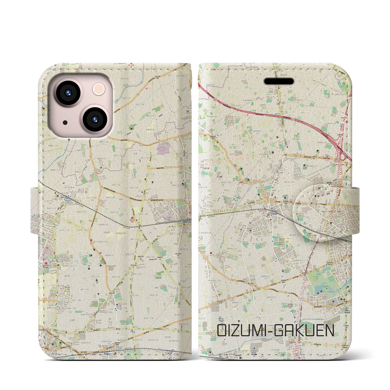 【大泉学園(東京都)】地図柄iPhoneケース(手帳タイプ)ナチュラル・iPhone 13 mini 用
