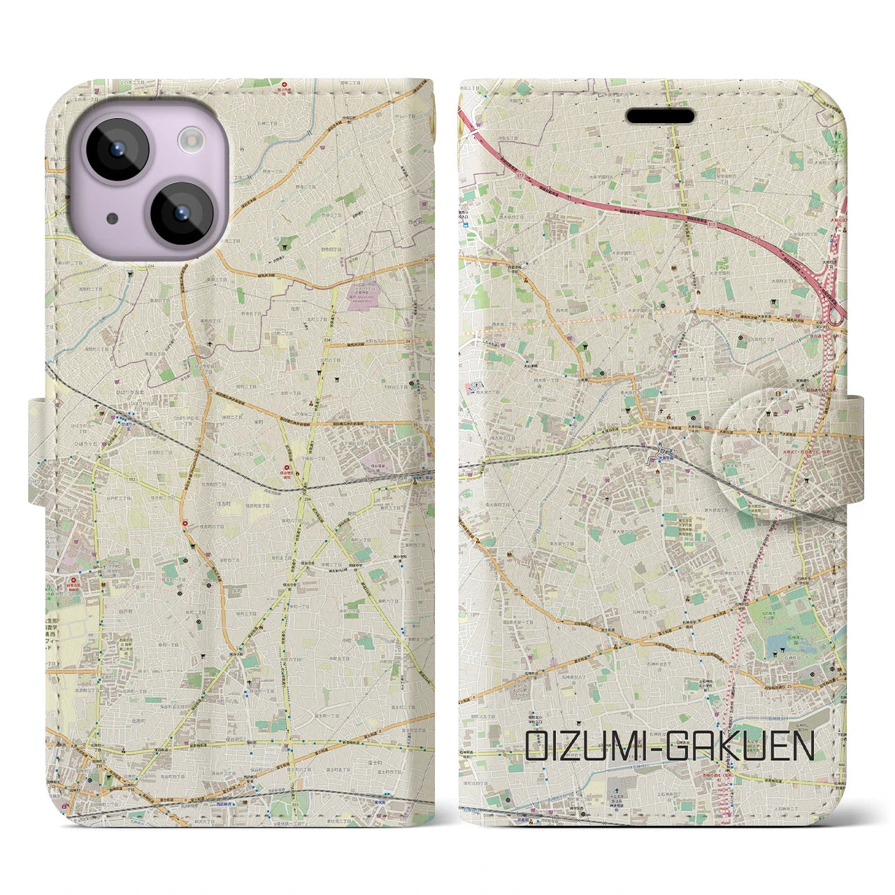 【大泉学園(東京都)】地図柄iPhoneケース(手帳タイプ)ナチュラル・iPhone 14 用