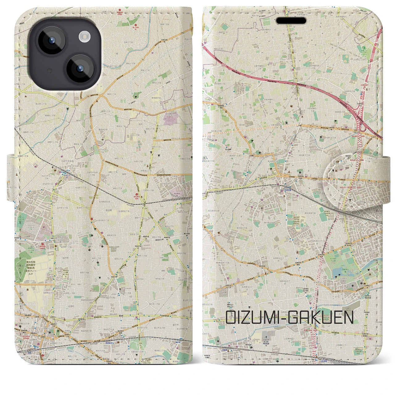 【大泉学園(東京都)】地図柄iPhoneケース(手帳タイプ)ナチュラル・iPhone 14 Plus 用