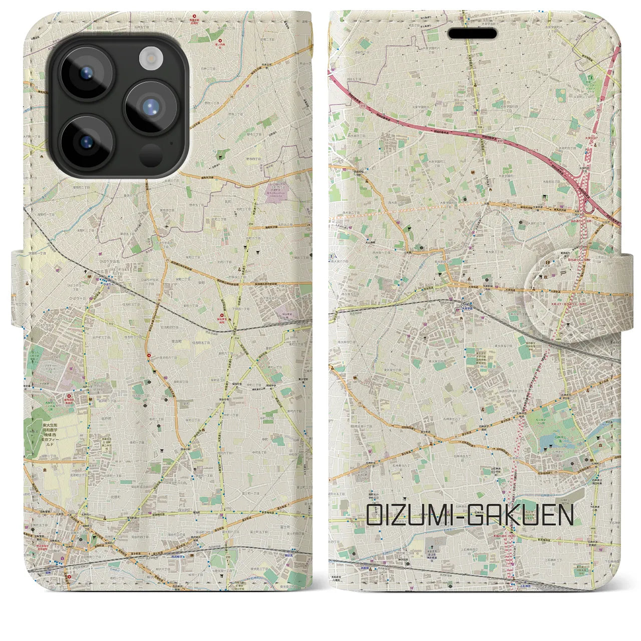 【大泉学園(東京都)】地図柄iPhoneケース(手帳タイプ)ナチュラル・iPhone 15 Pro Max 用