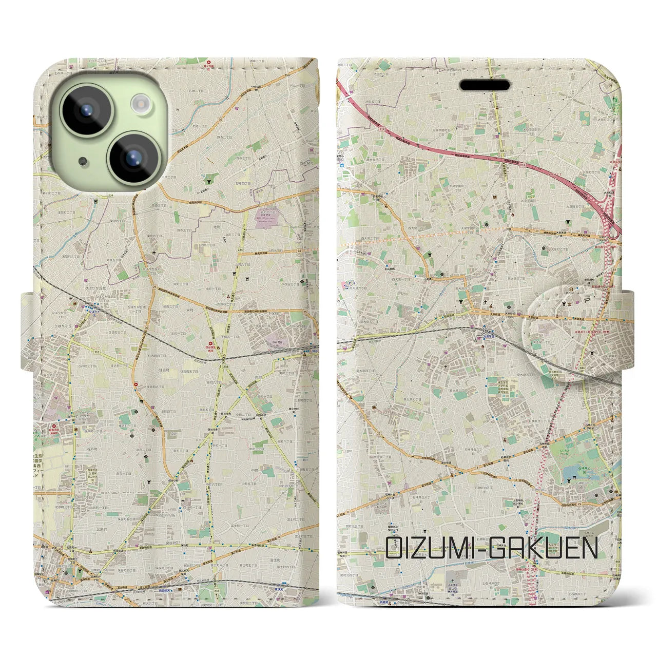 【大泉学園(東京都)】地図柄iPhoneケース(手帳タイプ)ナチュラル・iPhone 15 用