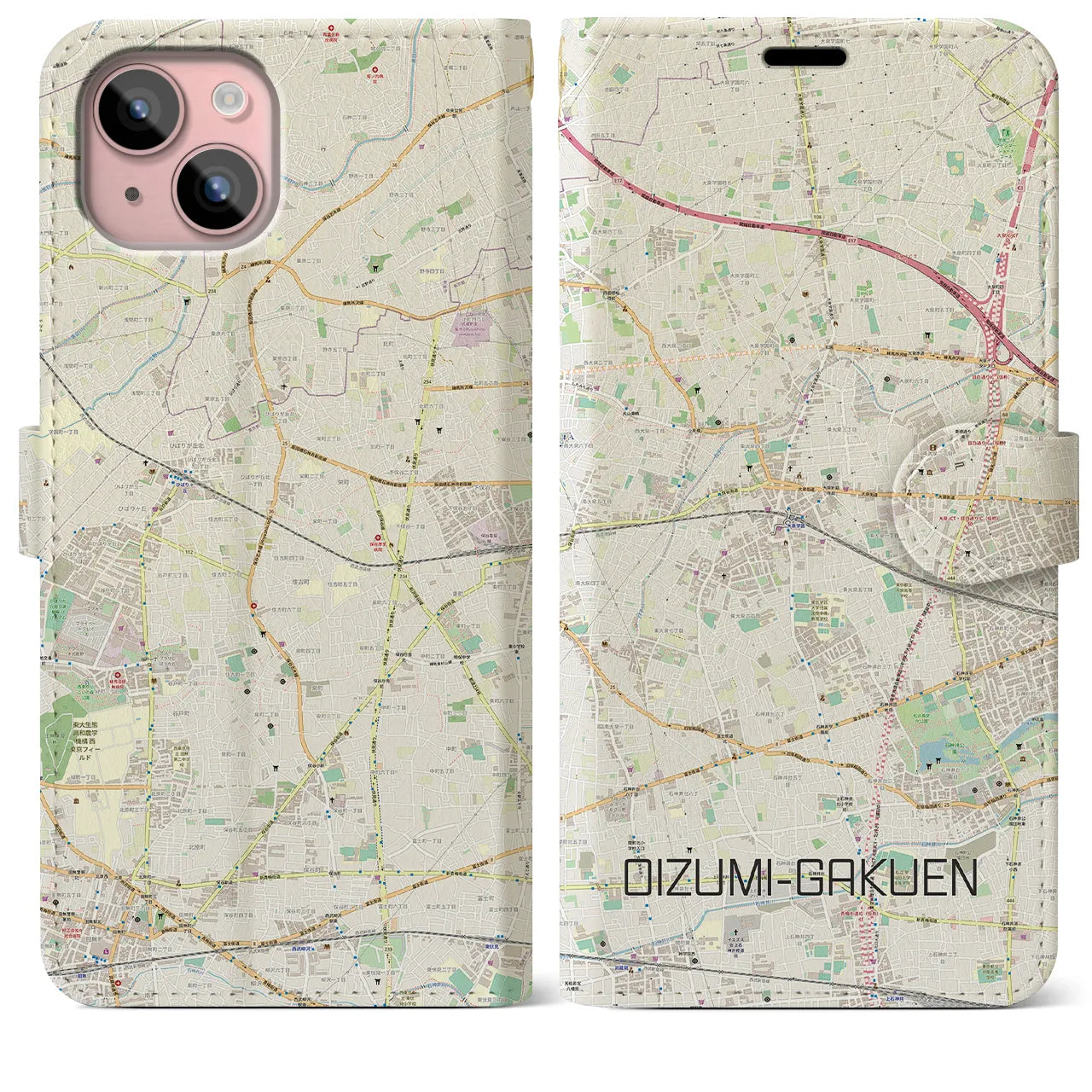 【大泉学園(東京都)】地図柄iPhoneケース(手帳タイプ)ナチュラル・iPhone 15 Plus 用