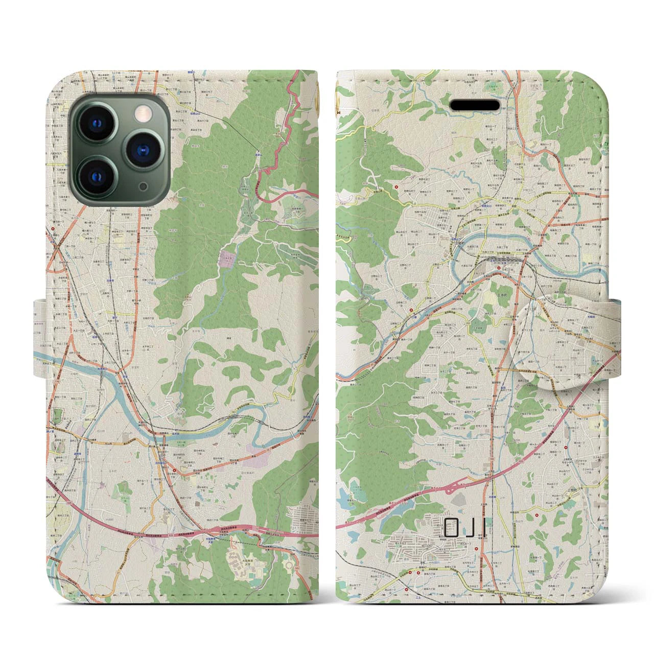 【王寺(奈良県)】地図柄iPhoneケース(手帳タイプ)ナチュラル・iPhone 11 Pro 用