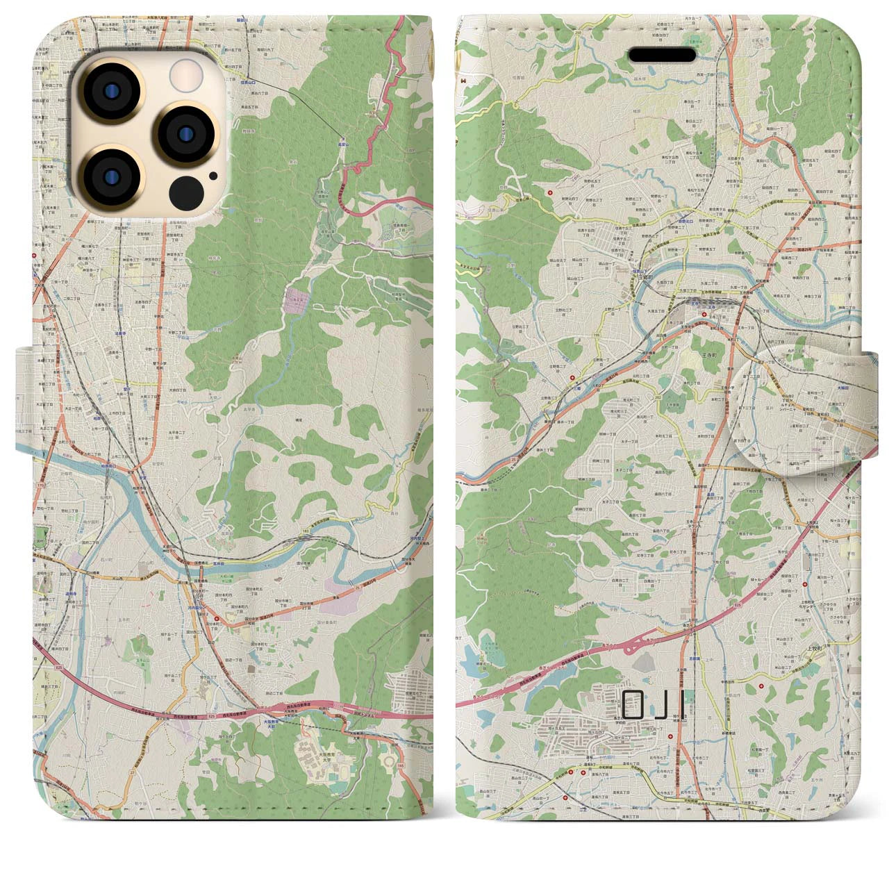【王寺(奈良県)】地図柄iPhoneケース(手帳タイプ)ナチュラル・iPhone 12 Pro Max 用