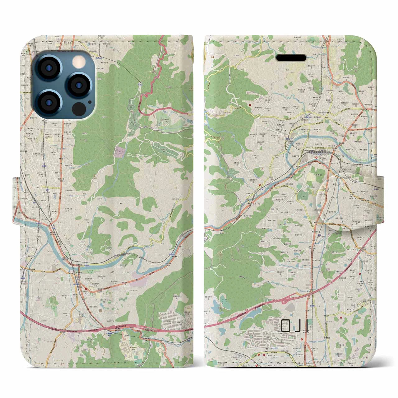 【王寺(奈良県)】地図柄iPhoneケース(手帳タイプ)ナチュラル・iPhone 12 / 12 Pro 用