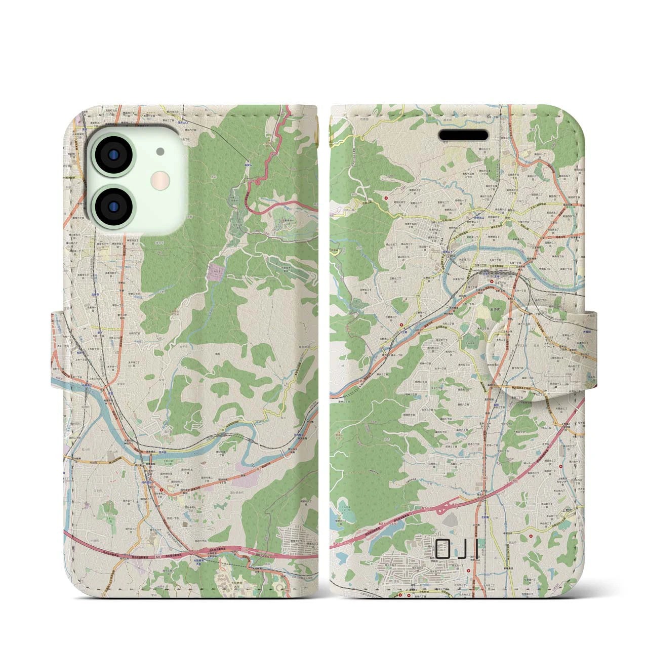【王寺(奈良県)】地図柄iPhoneケース(手帳タイプ)ナチュラル・iPhone 12 mini 用