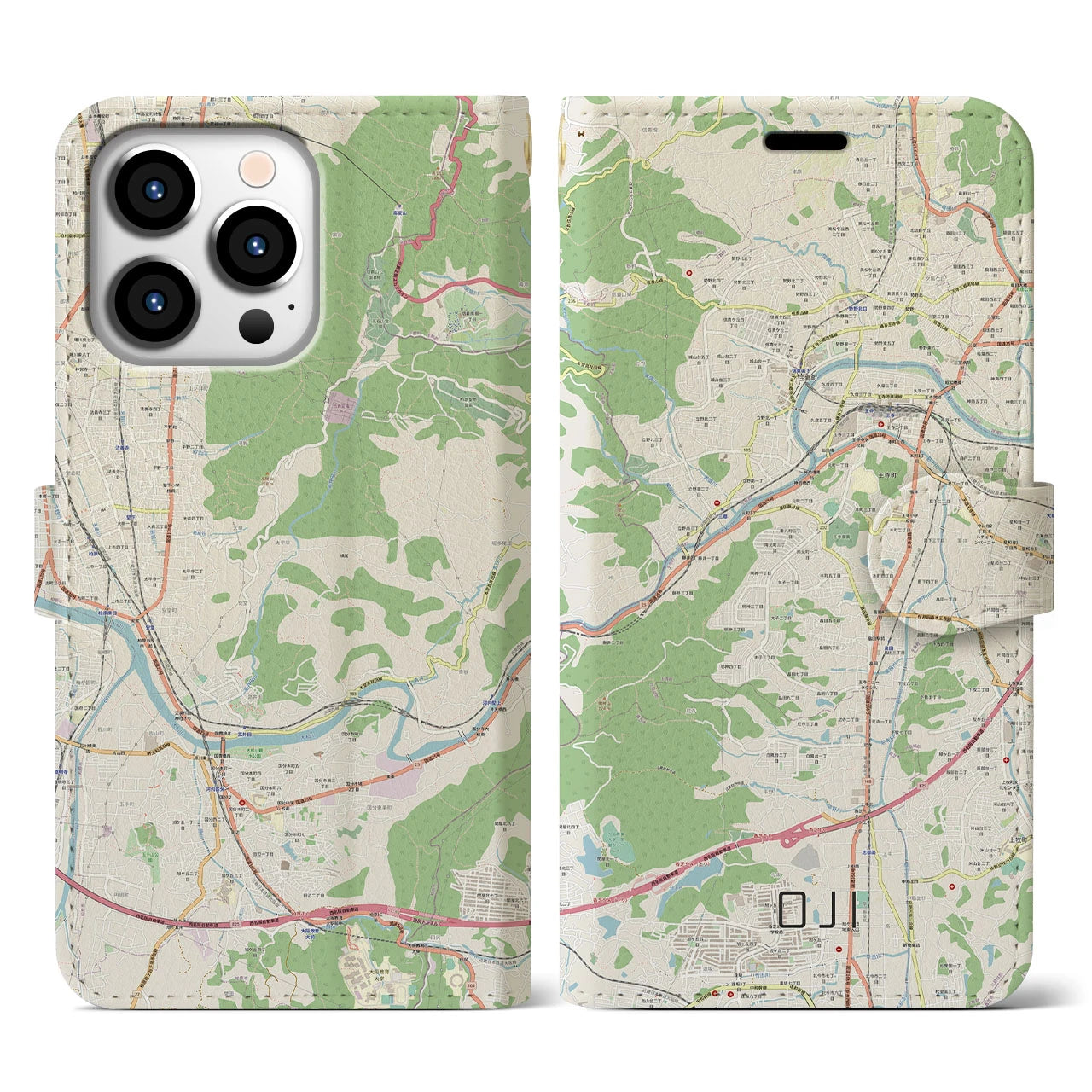 【王寺(奈良県)】地図柄iPhoneケース(手帳タイプ)ナチュラル・iPhone 13 Pro 用