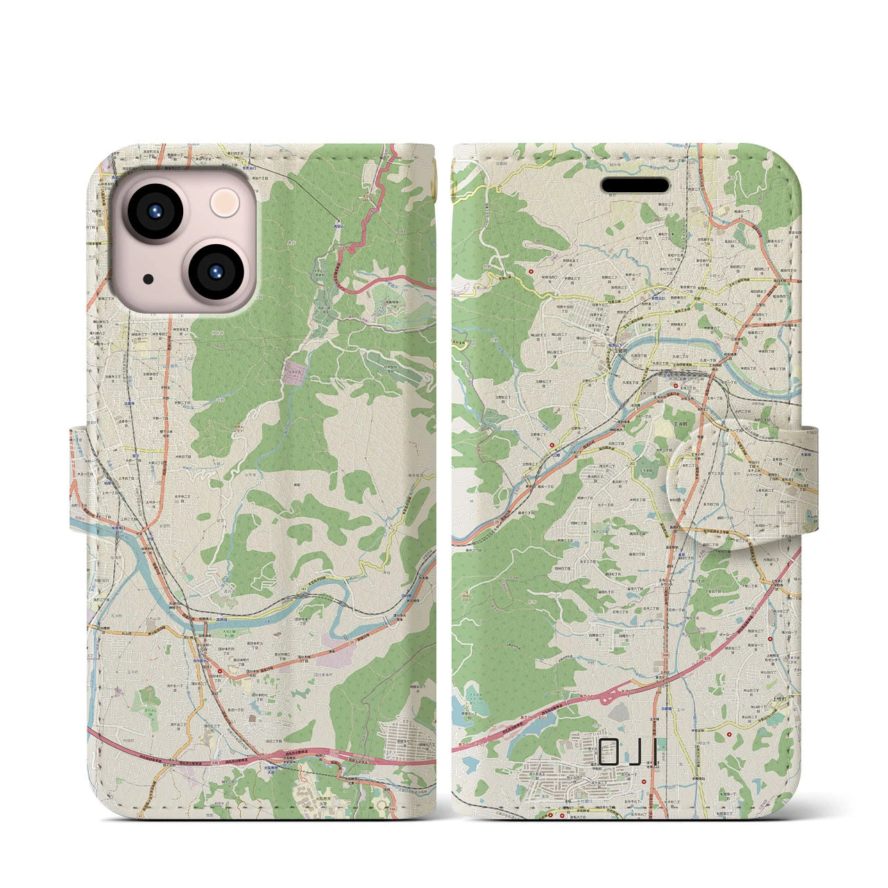 【王寺(奈良県)】地図柄iPhoneケース(手帳タイプ)ナチュラル・iPhone 13 mini 用