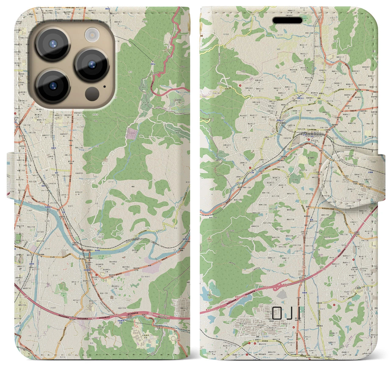 【王寺(奈良県)】地図柄iPhoneケース(手帳タイプ)ナチュラル・iPhone 14 Pro Max 用