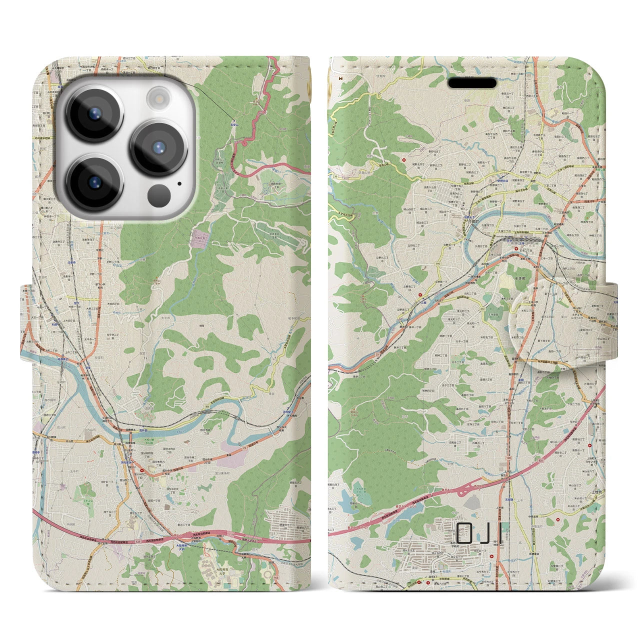 【王寺(奈良県)】地図柄iPhoneケース(手帳タイプ)ナチュラル・iPhone 14 Pro 用