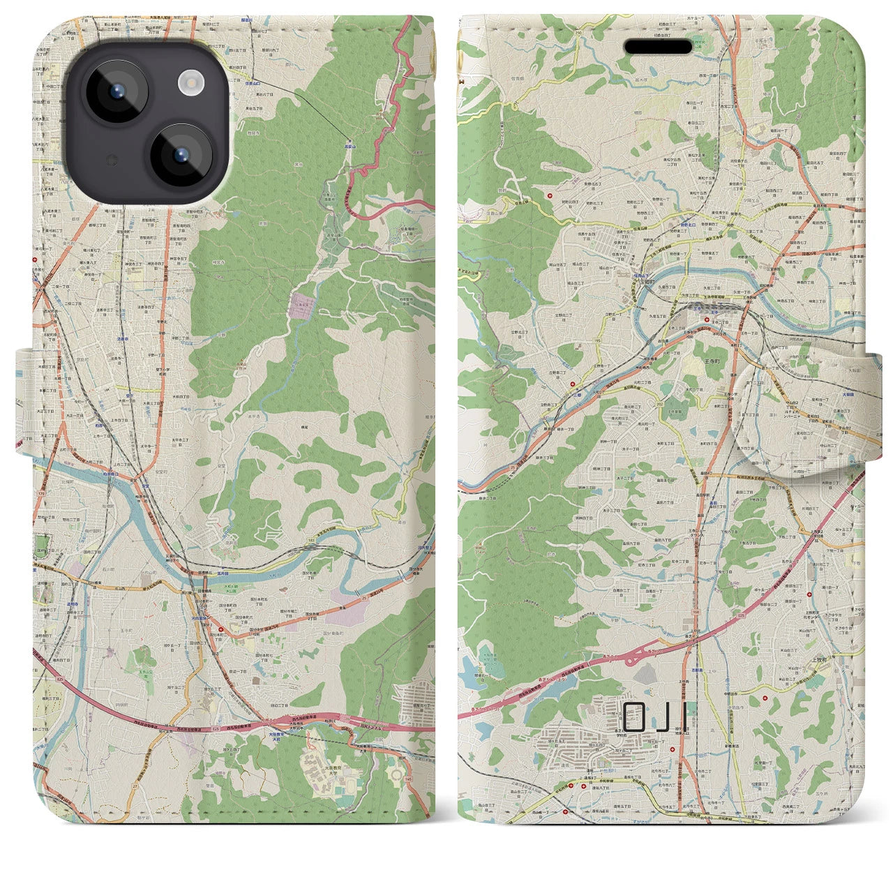 【王寺(奈良県)】地図柄iPhoneケース(手帳タイプ)ナチュラル・iPhone 14 Plus 用