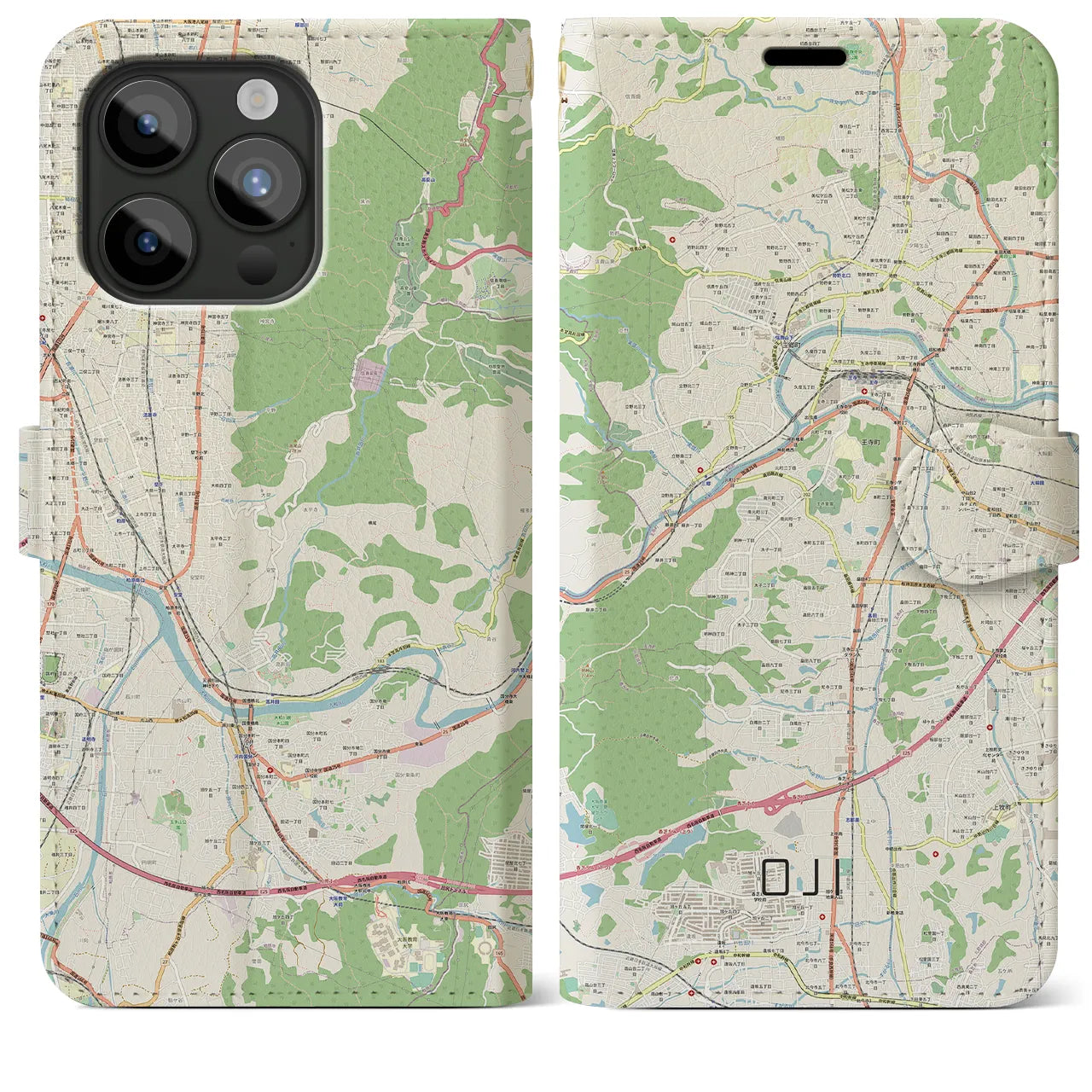 【王寺(奈良県)】地図柄iPhoneケース(手帳タイプ)ナチュラル・iPhone 15 Pro Max 用