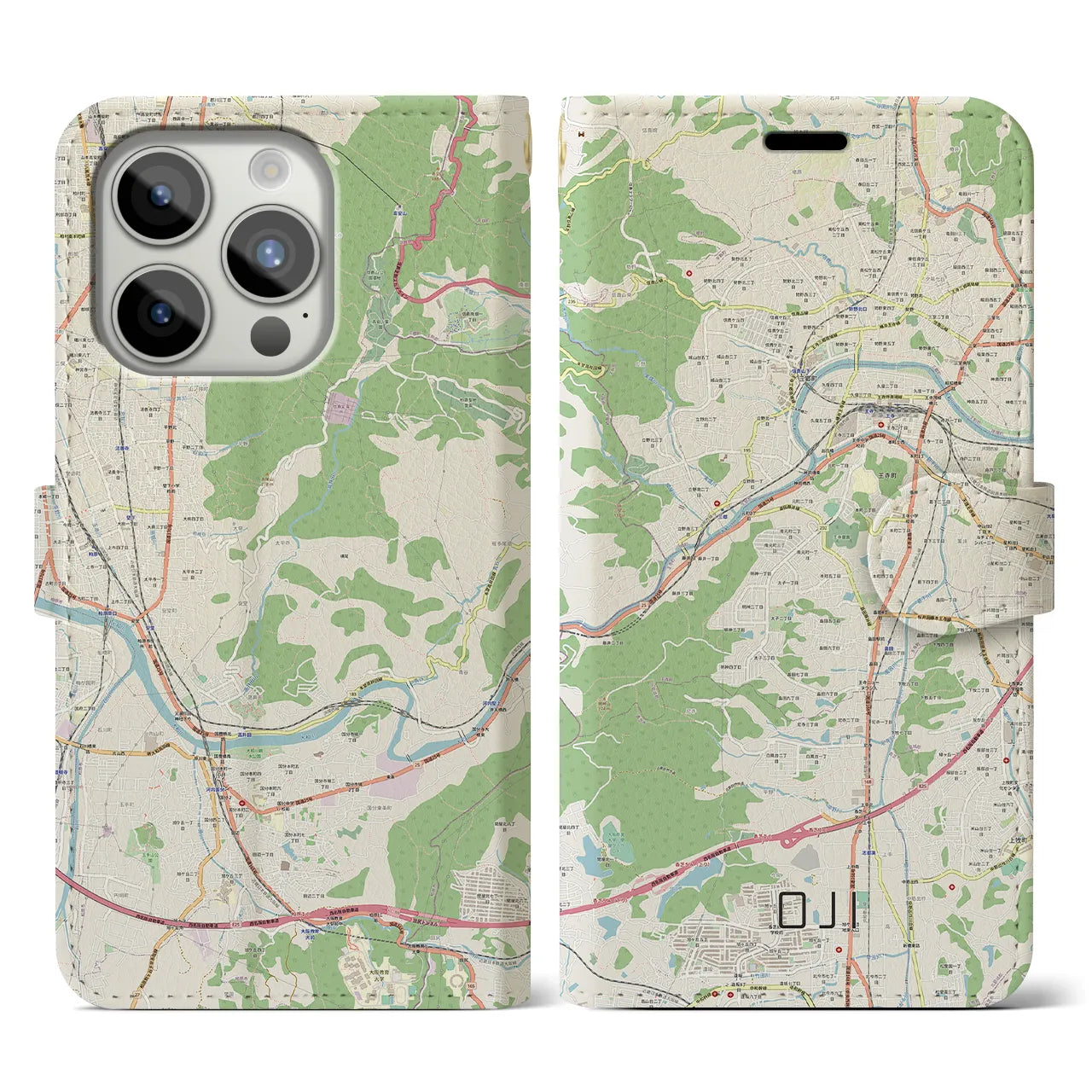【王寺(奈良県)】地図柄iPhoneケース(手帳タイプ)ナチュラル・iPhone 15 Pro 用