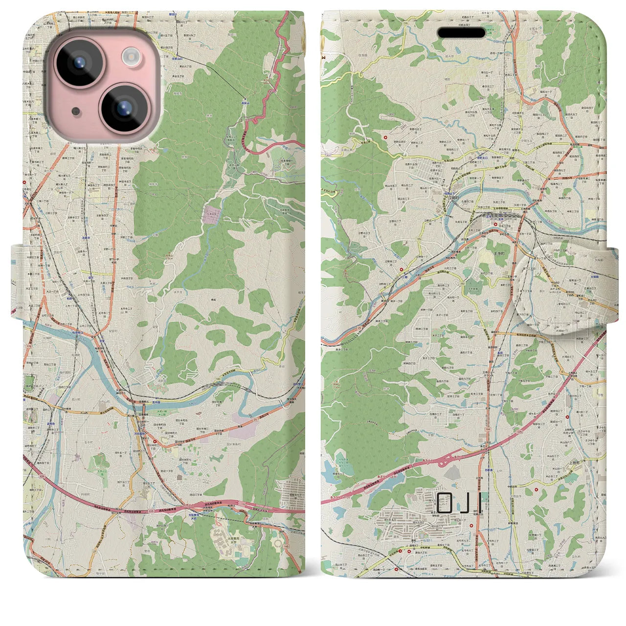 【王寺(奈良県)】地図柄iPhoneケース(手帳タイプ)ナチュラル・iPhone 15 Plus 用