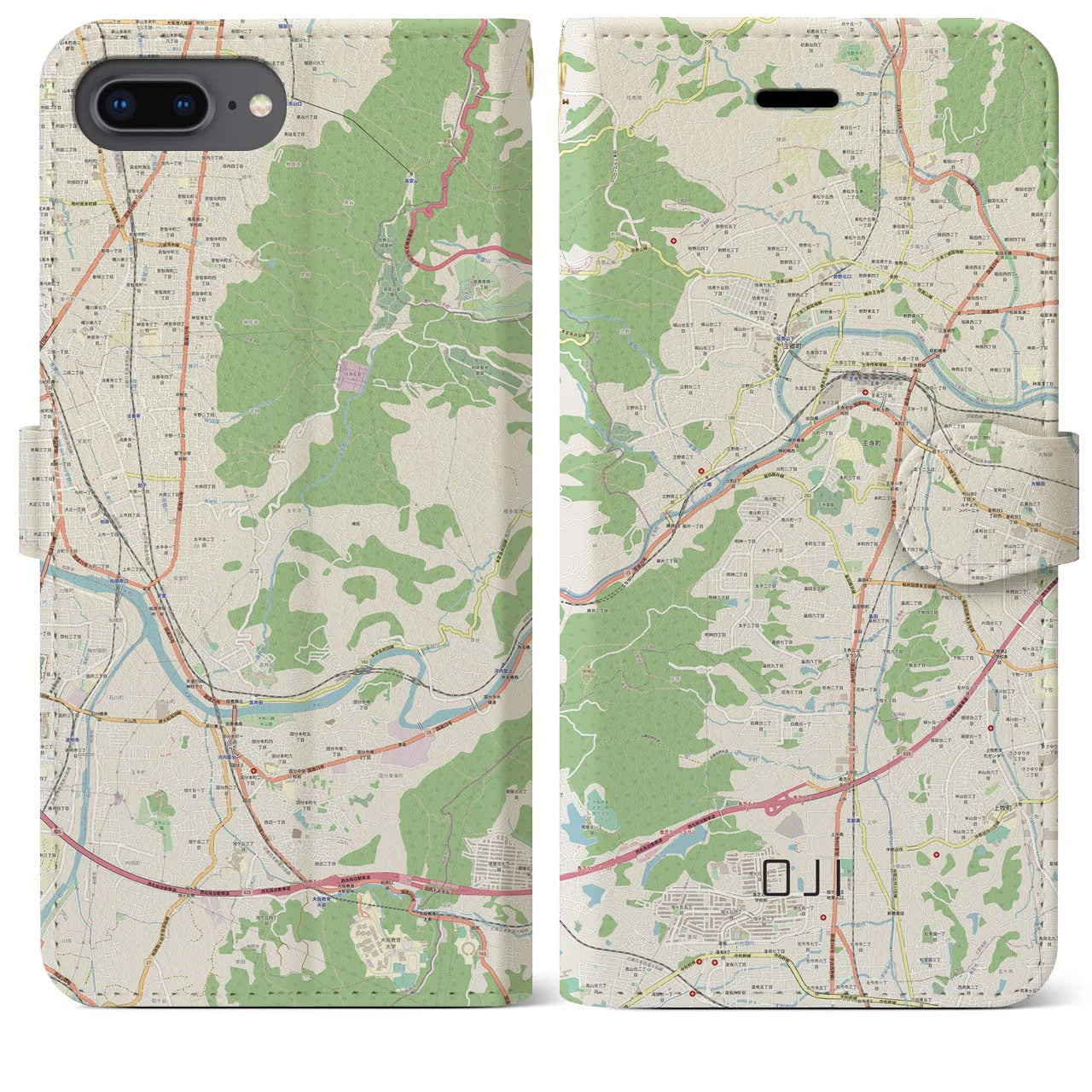 【王寺(奈良県)】地図柄iPhoneケース(手帳タイプ)ナチュラル・iPhone 8Plus /7Plus / 6sPlus / 6Plus 用