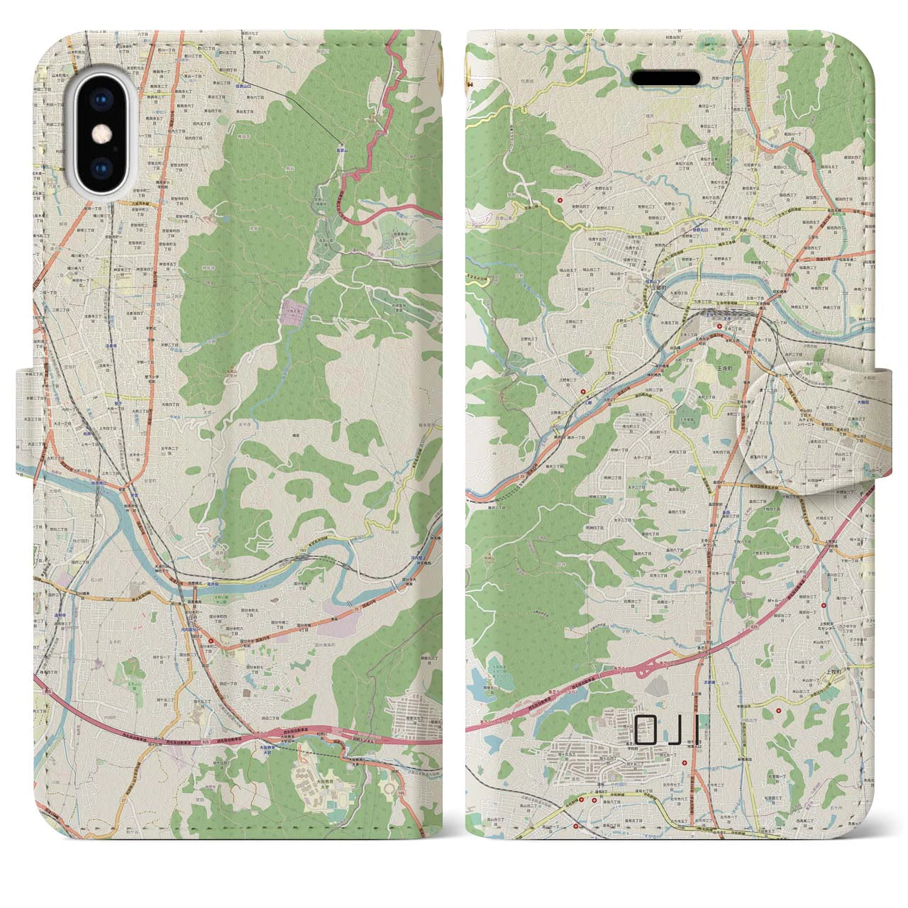 【王寺(奈良県)】地図柄iPhoneケース(手帳タイプ)ナチュラル・iPhone XS Max 用