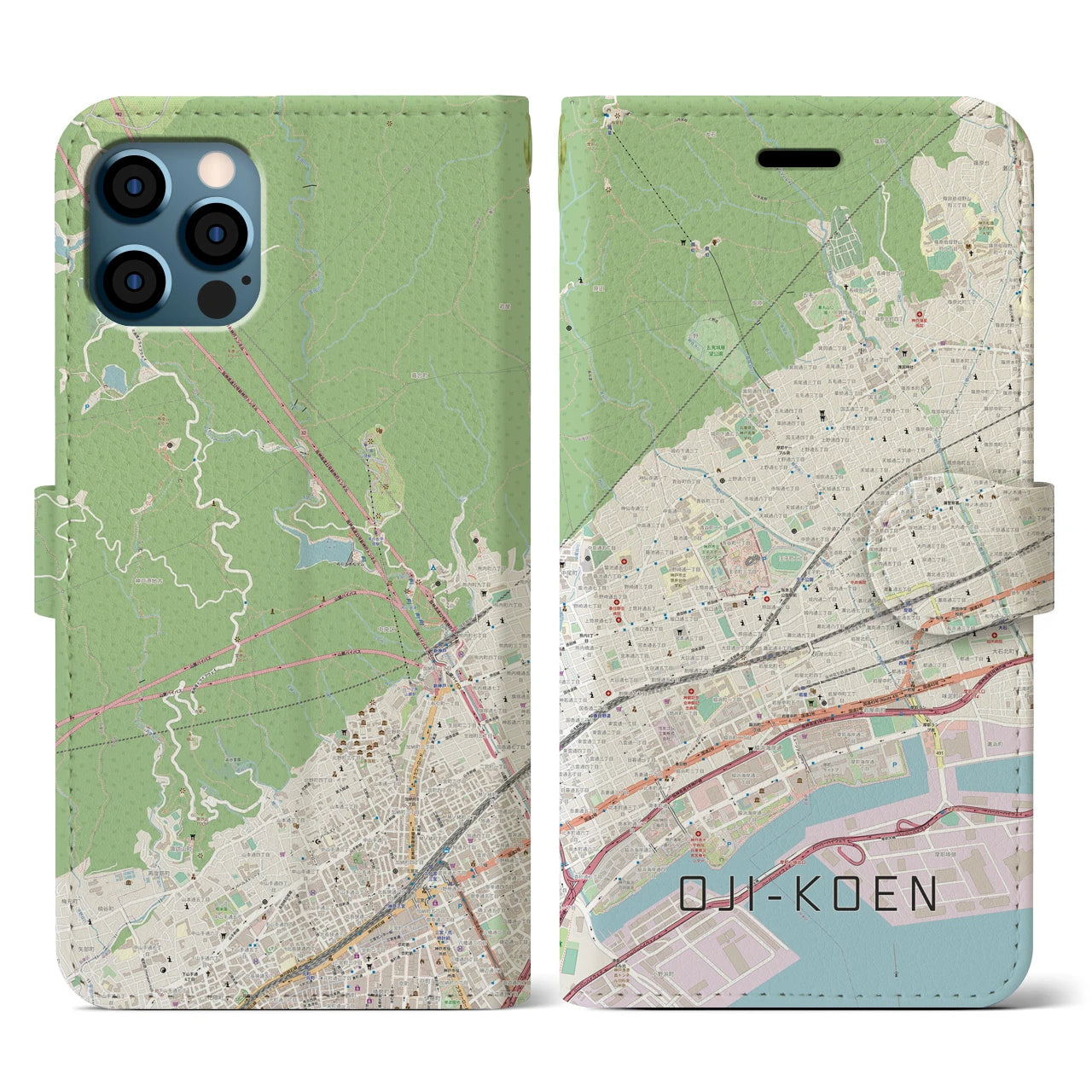 【王子公園(兵庫県)】地図柄iPhoneケース(手帳タイプ)ナチュラル・iPhone 12 / 12 Pro 用