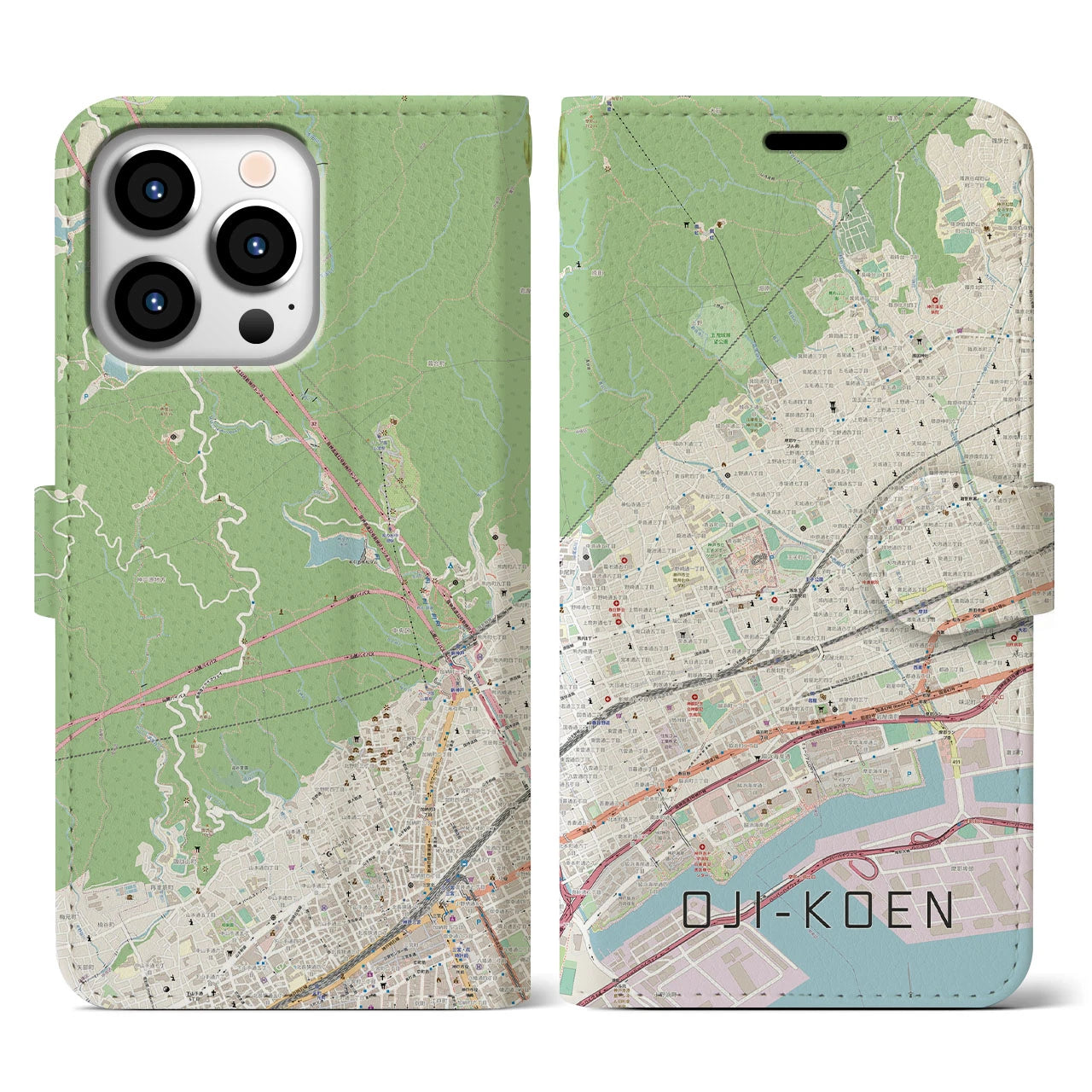 【王子公園(兵庫県)】地図柄iPhoneケース(手帳タイプ)ナチュラル・iPhone 13 Pro 用