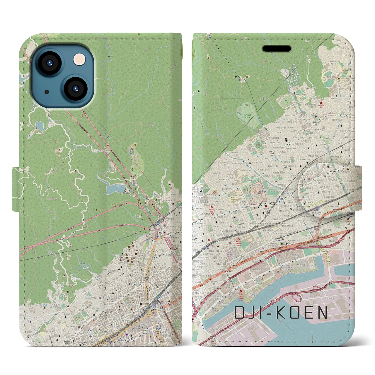 【王子公園(兵庫県)】地図柄iPhoneケース(手帳タイプ)ナチュラル・iPhone 13 用
