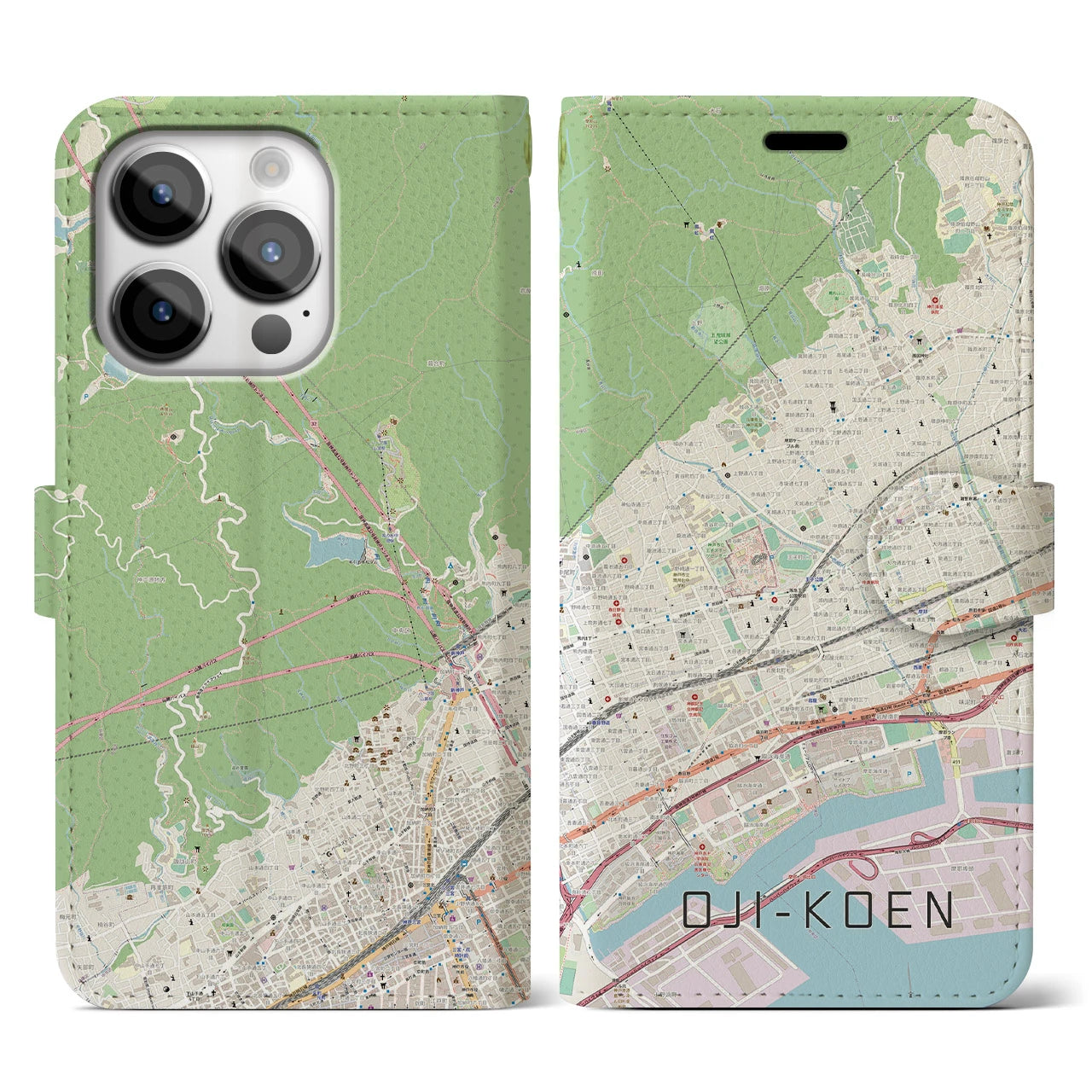 【王子公園(兵庫県)】地図柄iPhoneケース(手帳タイプ)ナチュラル・iPhone 14 Pro 用