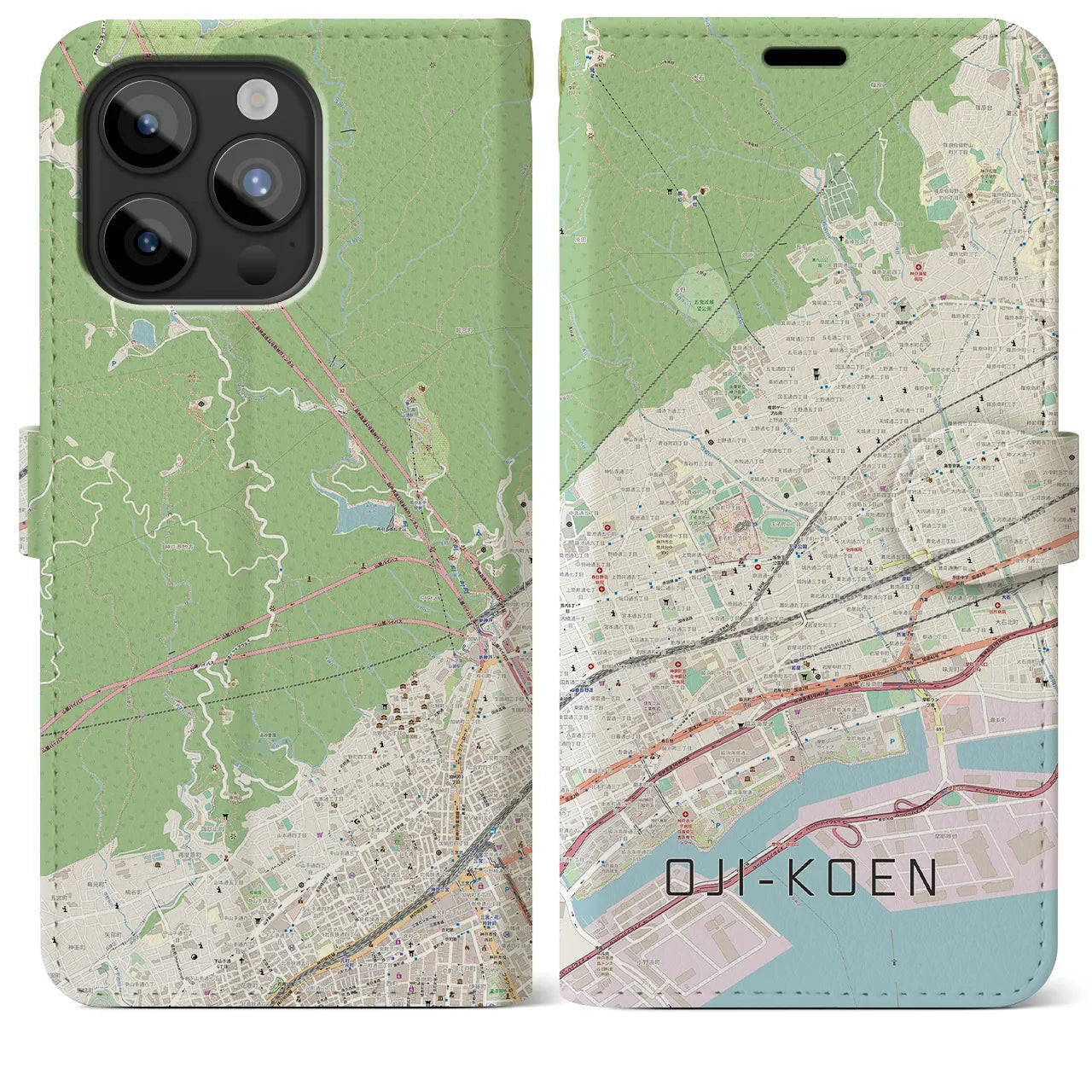 【王子公園(兵庫県)】地図柄iPhoneケース(手帳タイプ)ナチュラル・iPhone 15 Pro Max 用