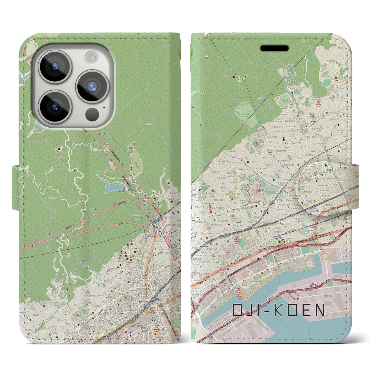 【王子公園(兵庫県)】地図柄iPhoneケース(手帳タイプ)ナチュラル・iPhone 15 Pro 用