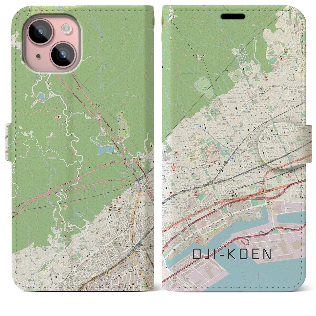 【王子公園(兵庫県)】地図柄iPhoneケース(手帳タイプ)ナチュラル・iPhone 15 Plus 用