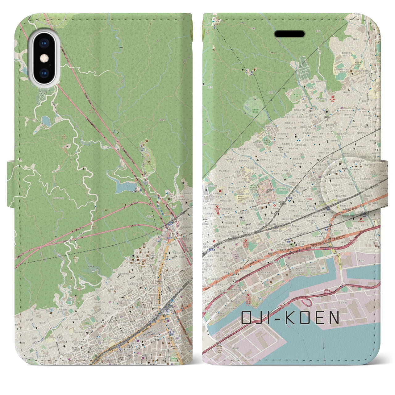【王子公園(兵庫県)】地図柄iPhoneケース(手帳タイプ)ナチュラル・iPhone XS Max 用