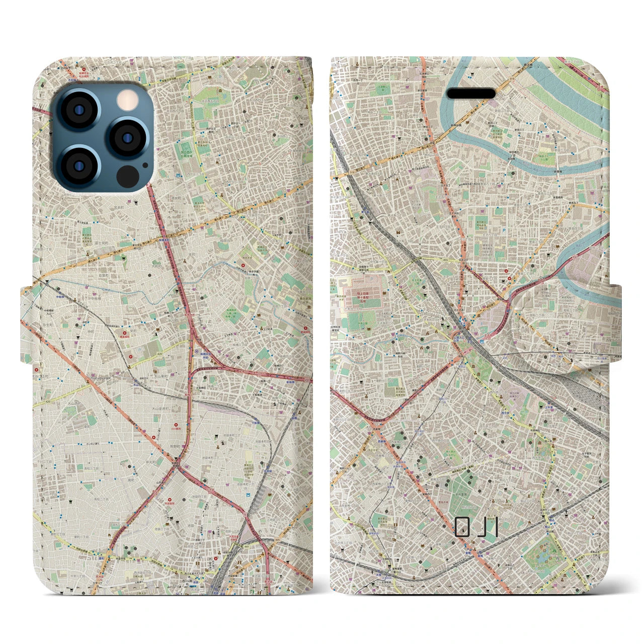 【王子(東京都)】地図柄iPhoneケース(手帳タイプ)ナチュラル・iPhone 12 / 12 Pro 用