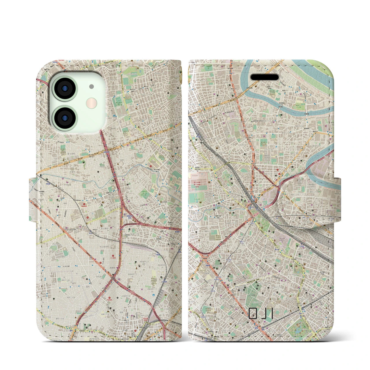 【王子(東京都)】地図柄iPhoneケース(手帳タイプ)ナチュラル・iPhone 12 mini 用