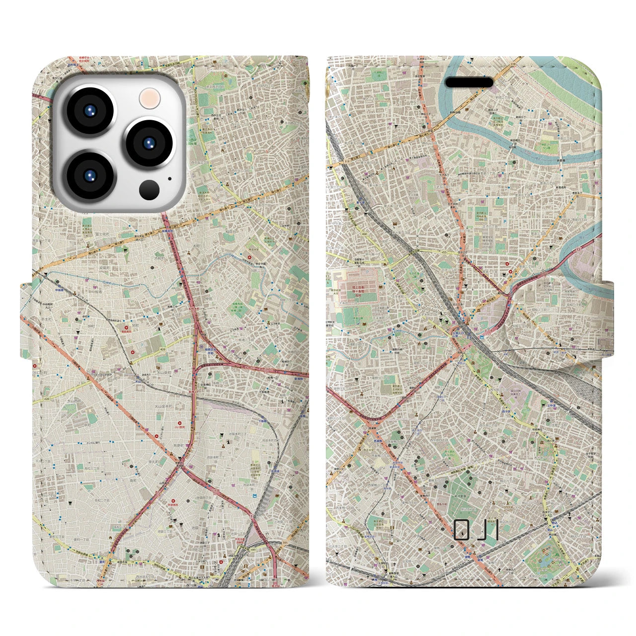 【王子(東京都)】地図柄iPhoneケース(手帳タイプ)ナチュラル・iPhone 13 Pro 用