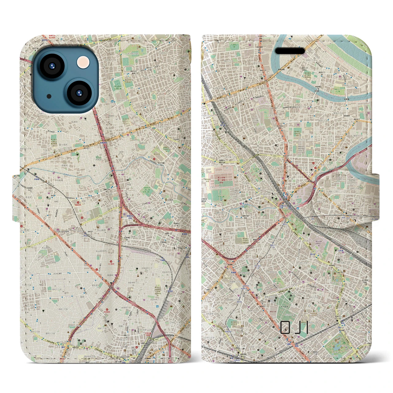 【王子(東京都)】地図柄iPhoneケース(手帳タイプ)ナチュラル・iPhone 13 用